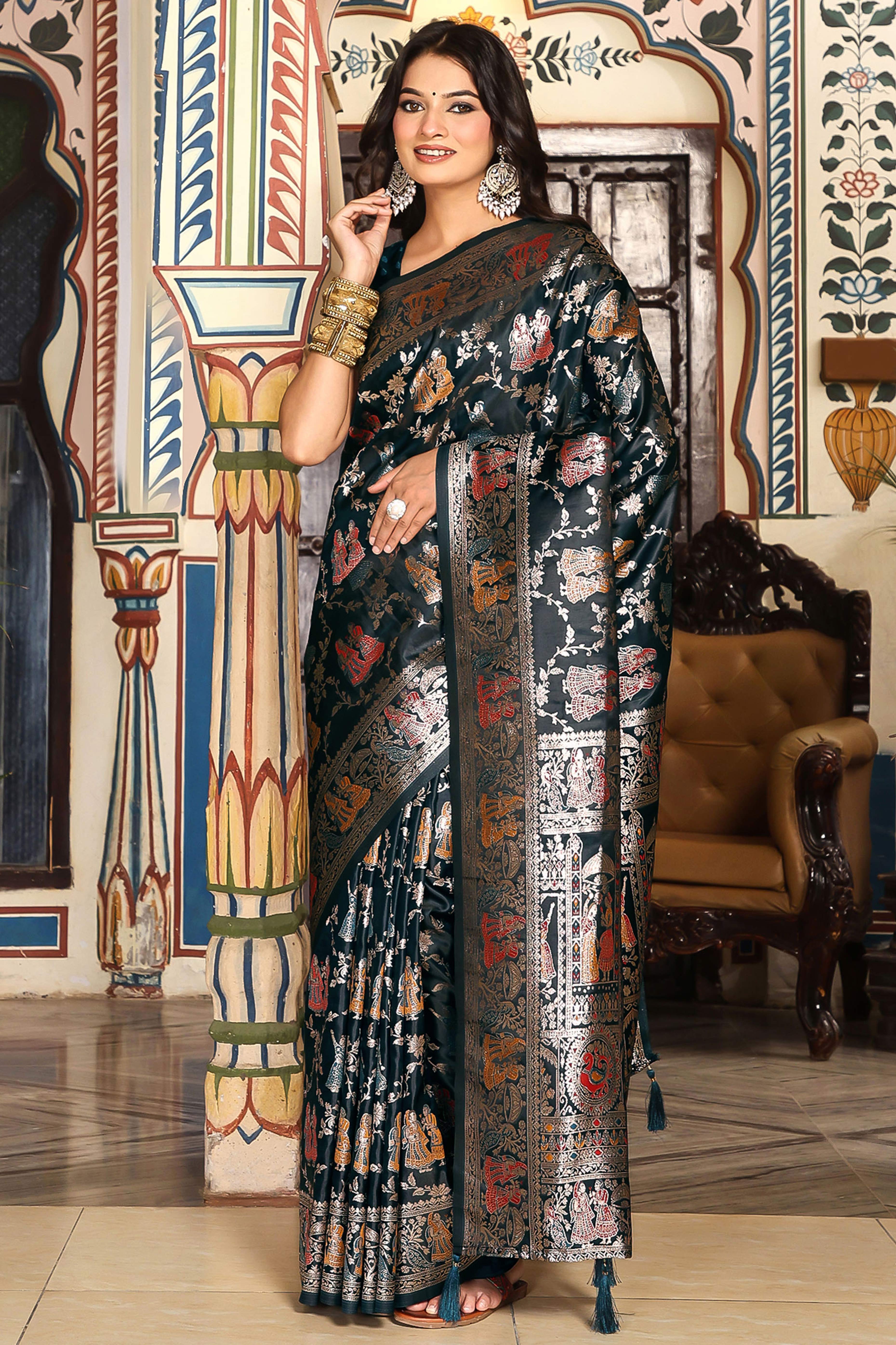 Luxurious Dark Teal Silk Blend Saree With Intricate Floral Zari Weaving & Tassel Pallu