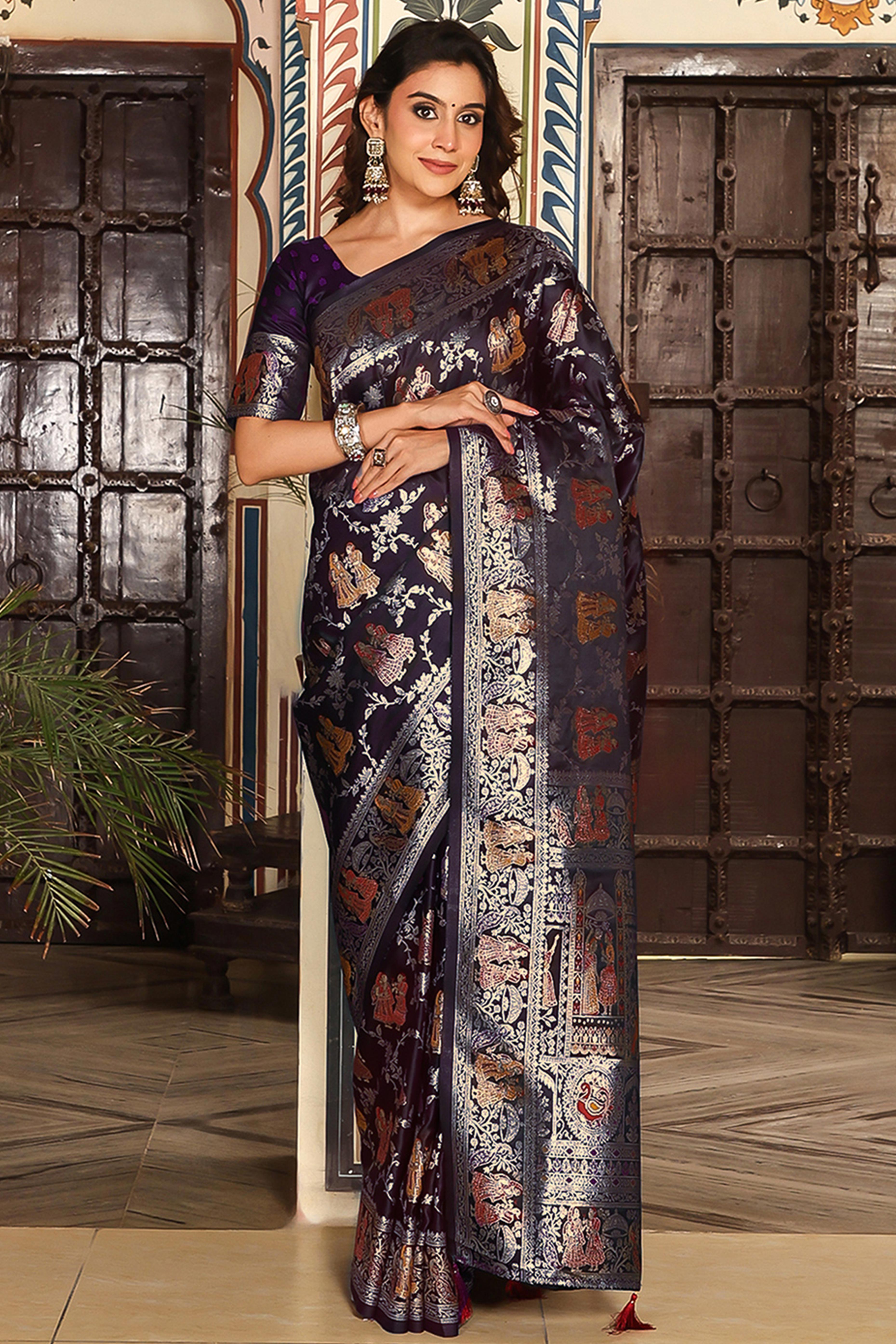 Luxurious Dark Purple Silk Blend Saree With Intricate Floral Zari Weaving & Tassel Pallu