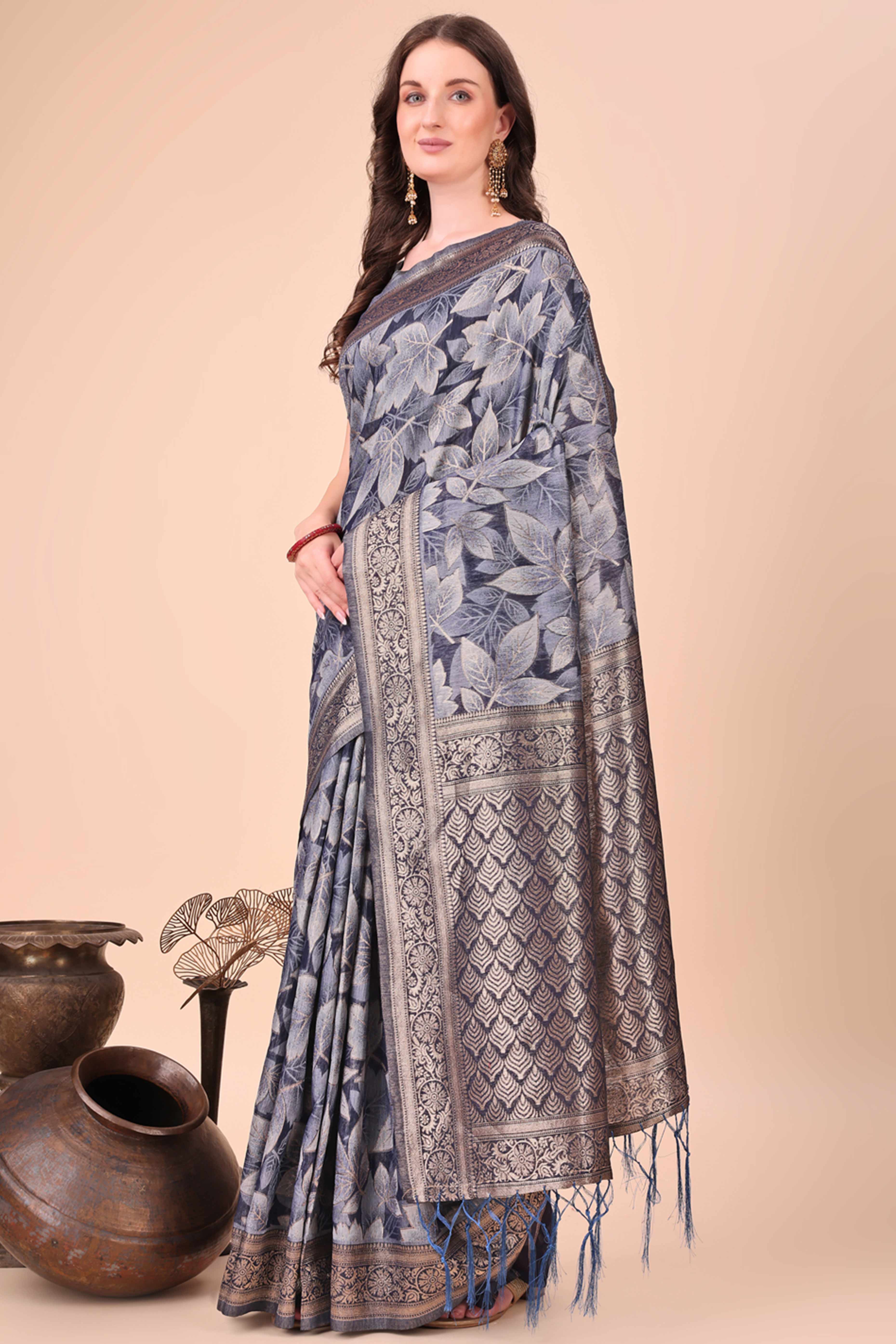 Navy Blue Floral Zari Woven Cotton Blend Saree With Soft Tassel Edging