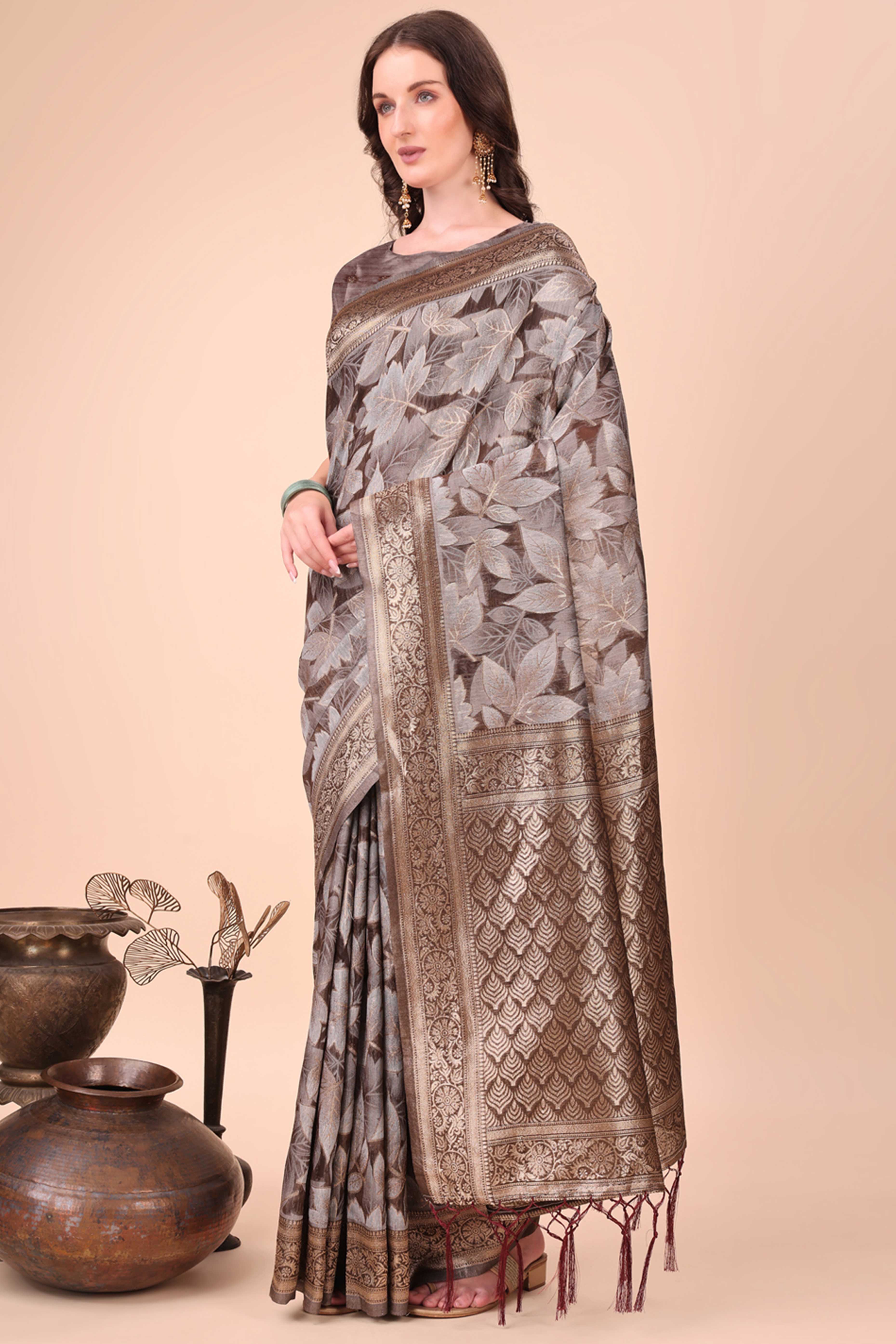 Brown Floral Zari Woven Cotton Blend Saree With Soft Tassel Edging