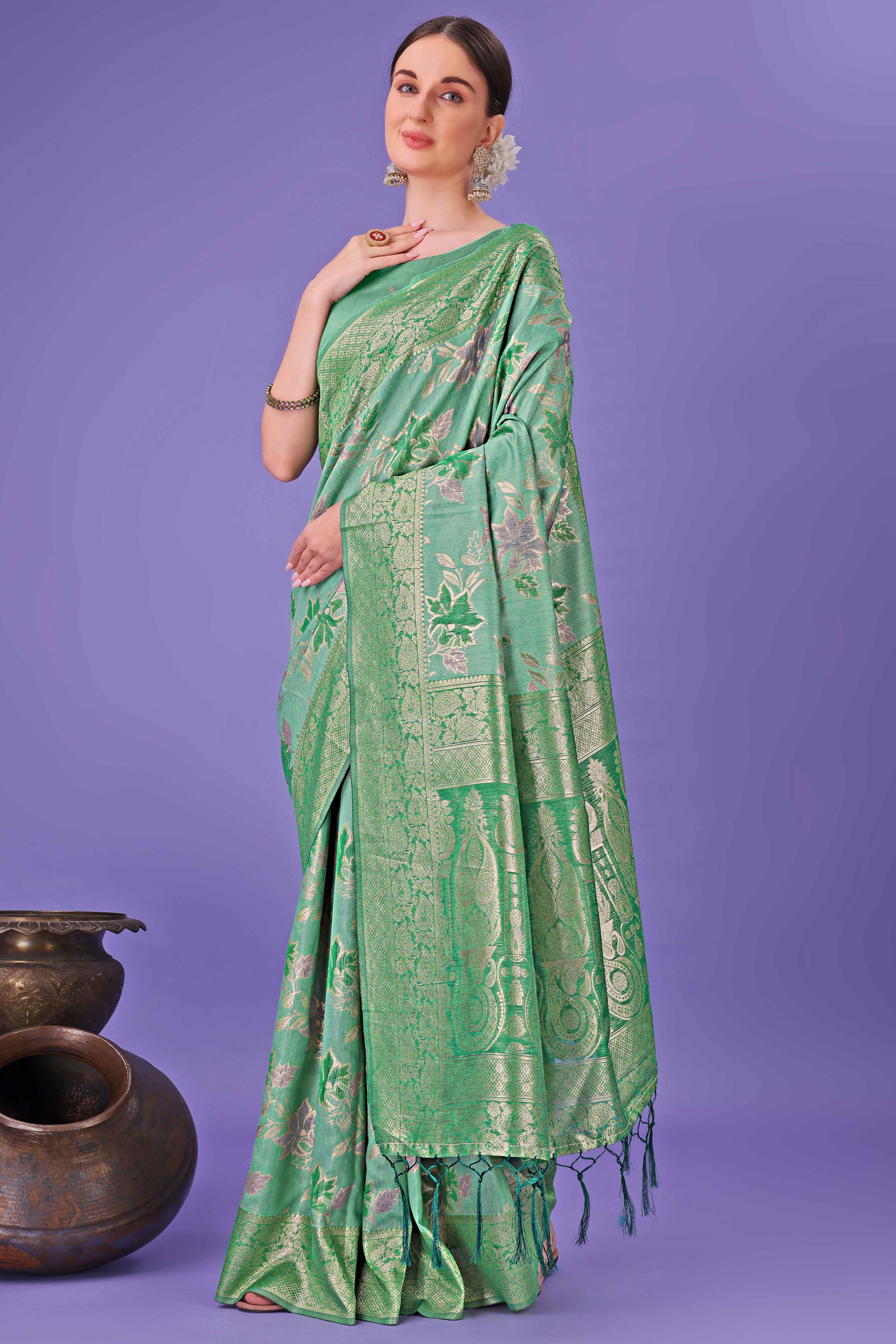 Green Floral Zari Woven Saree in a Lustrous Cotton Silk Blend
