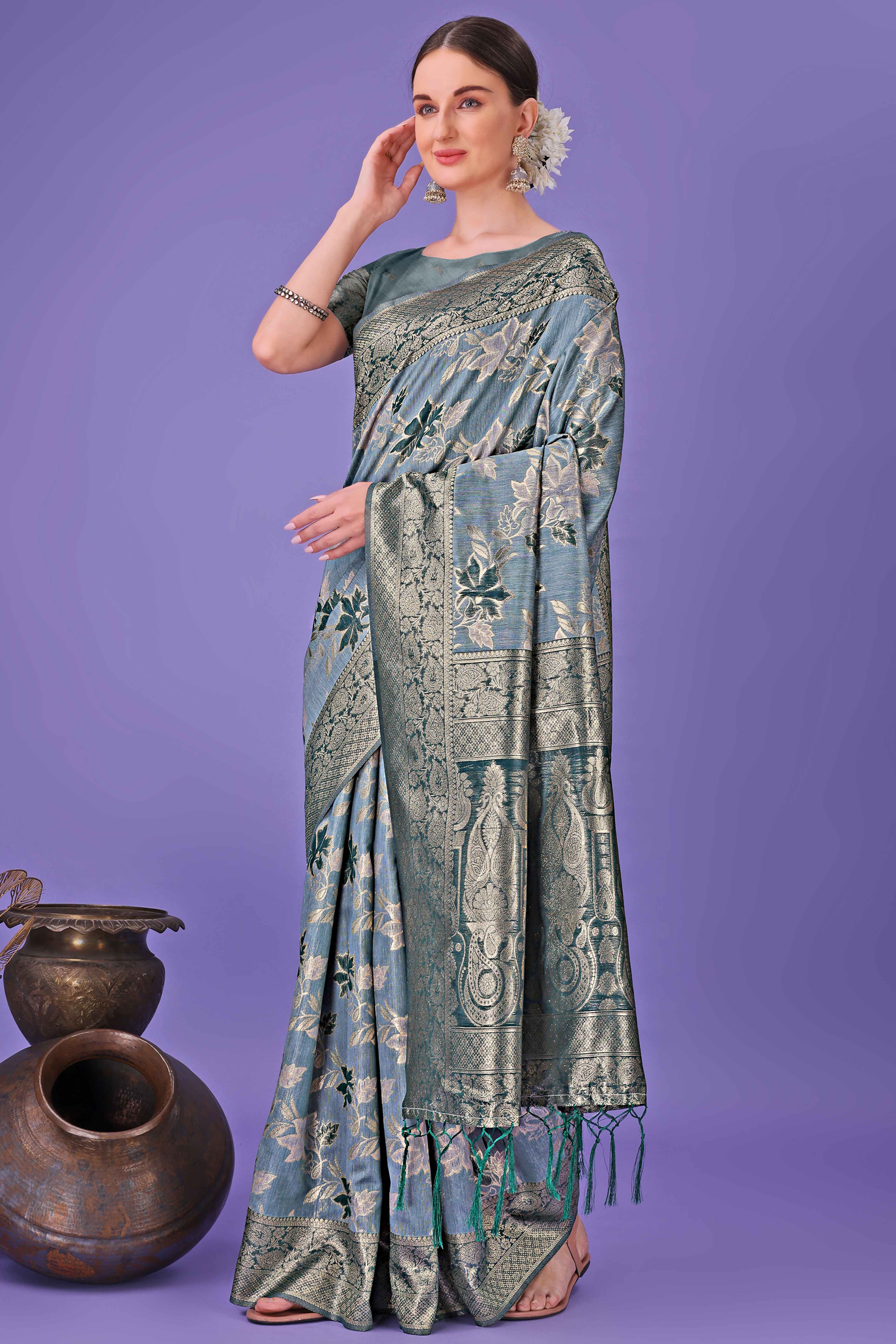 Teal Floral Zari Woven Saree in a Lustrous Cotton Silk Blend