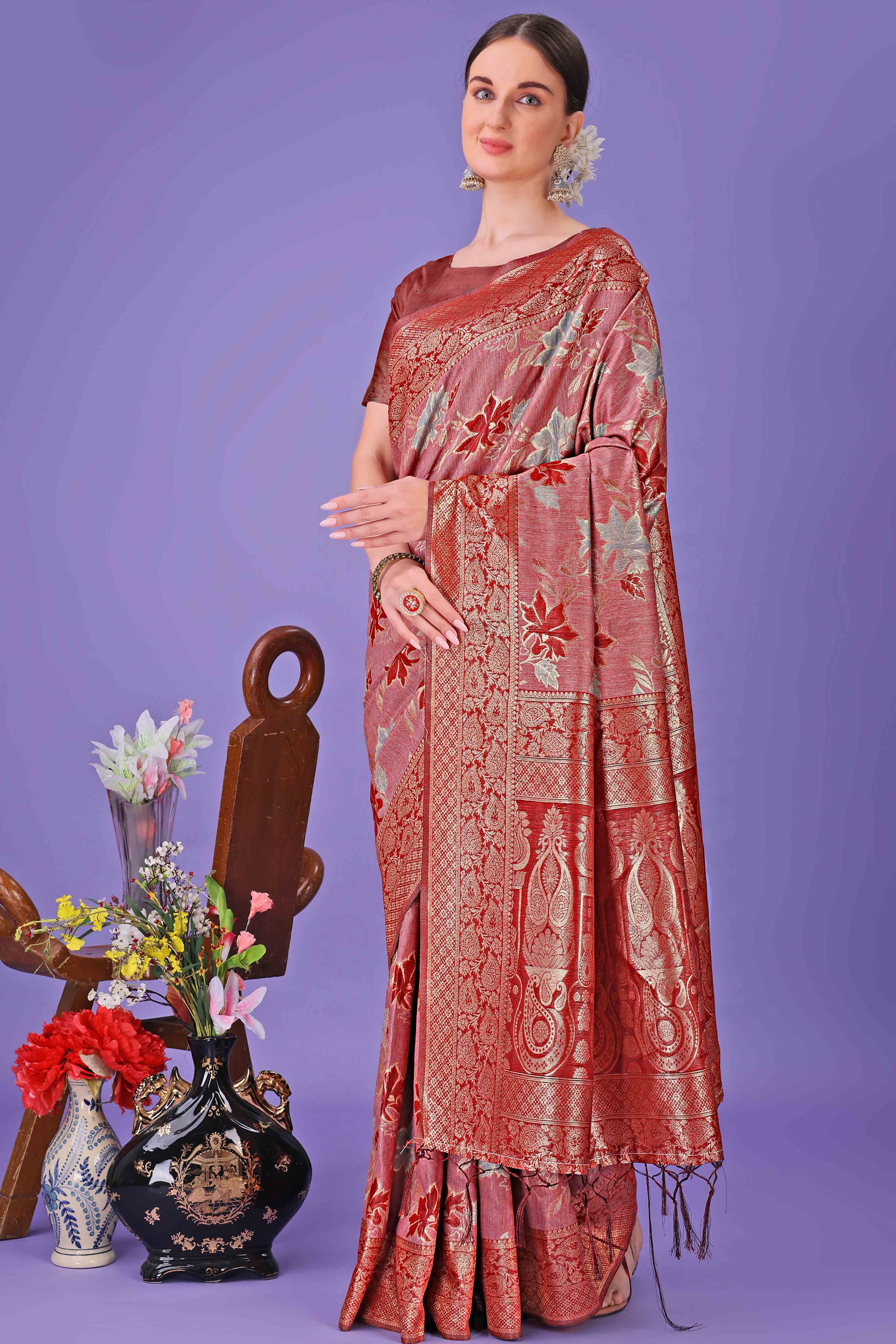 Red Floral Zari Woven Saree in a Lustrous Cotton Silk Blend
