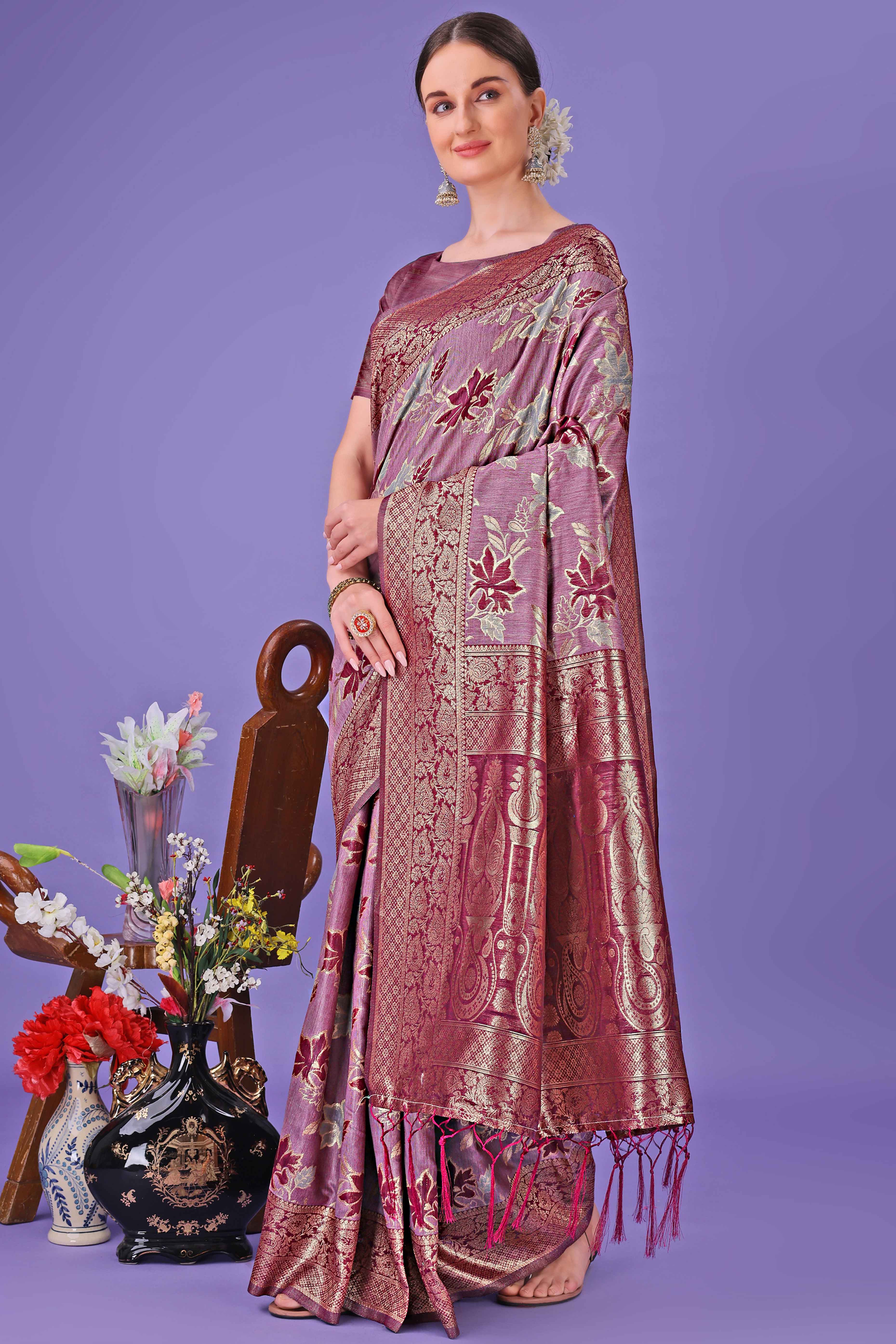 Purple Floral Zari Woven Saree in a Lustrous Cotton Silk Blend