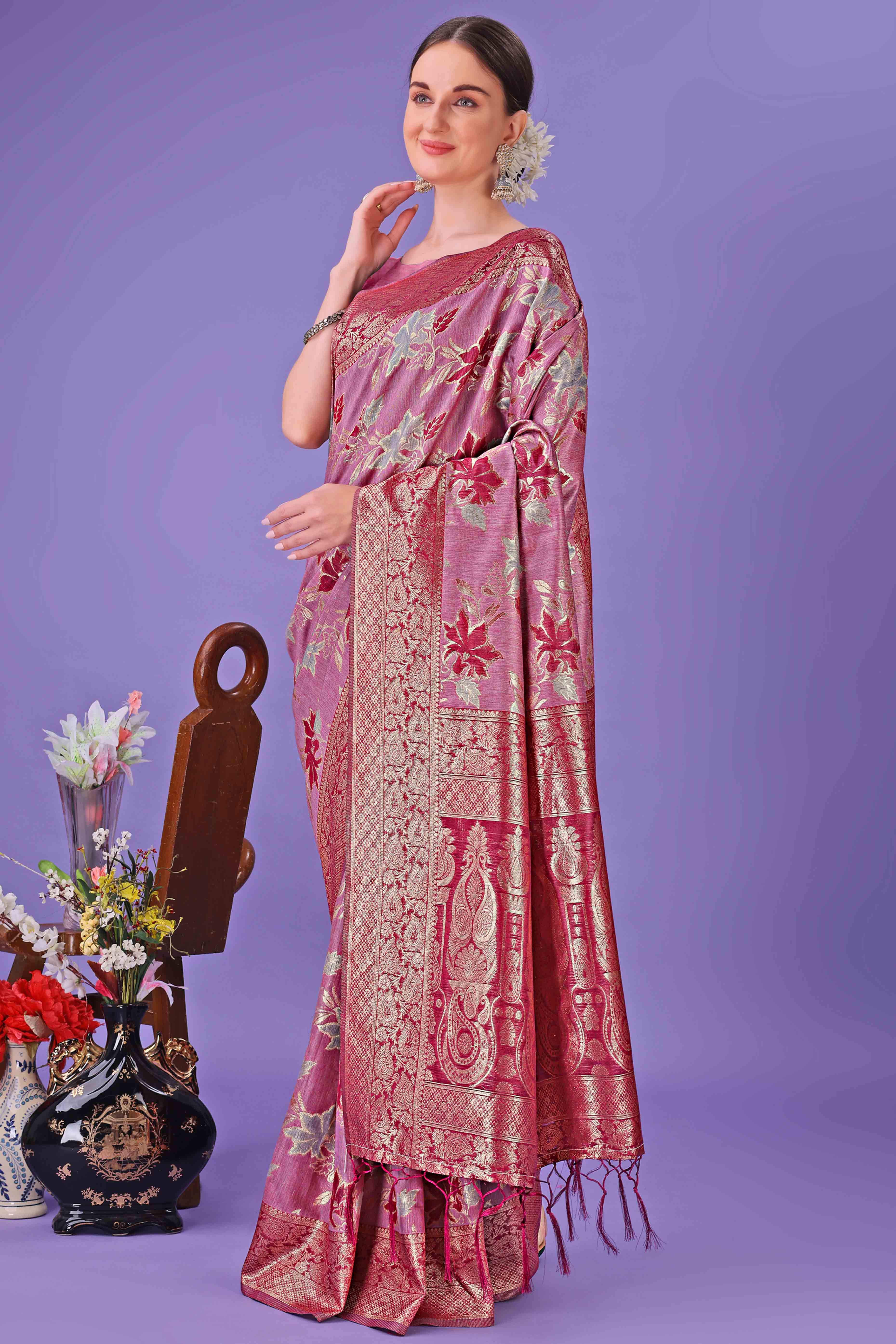 Pink Floral Zari Woven Saree in a Lustrous Cotton Silk Blend