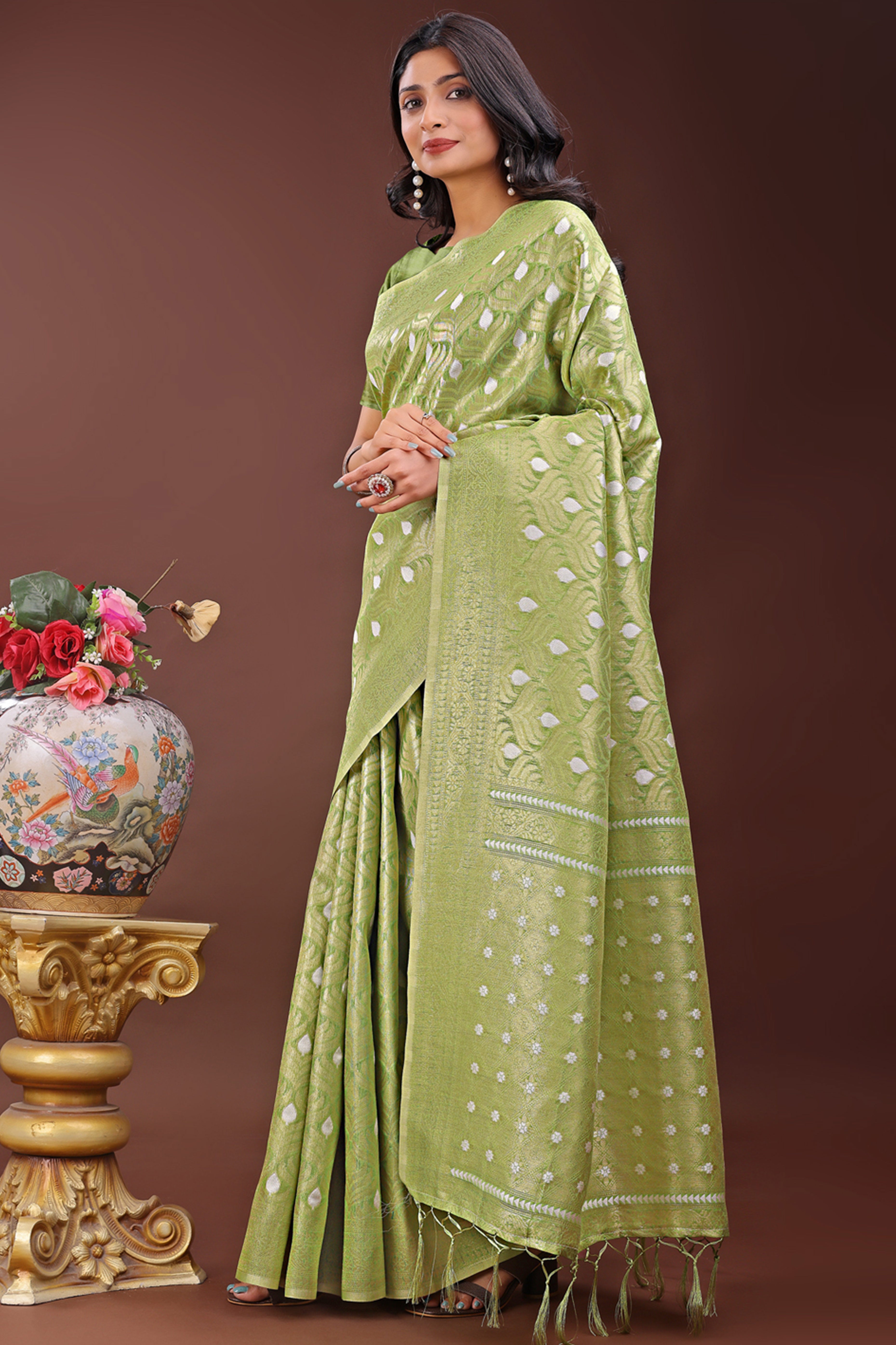 Green Zari Work Cotton Silk Saree Finished with Luxe Tassels