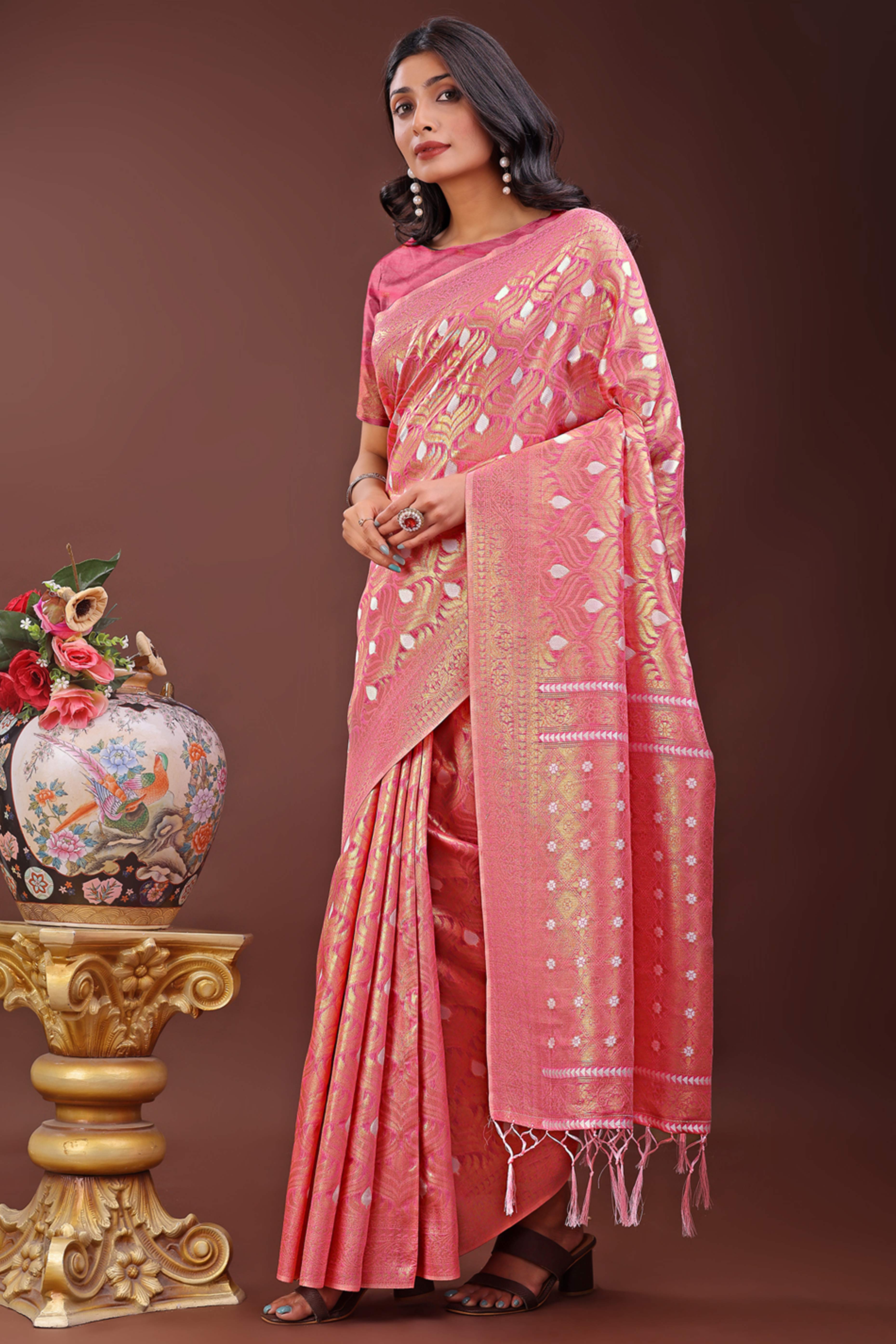 Pink Zari Work Cotton Silk Saree Finished with Luxe Tassels