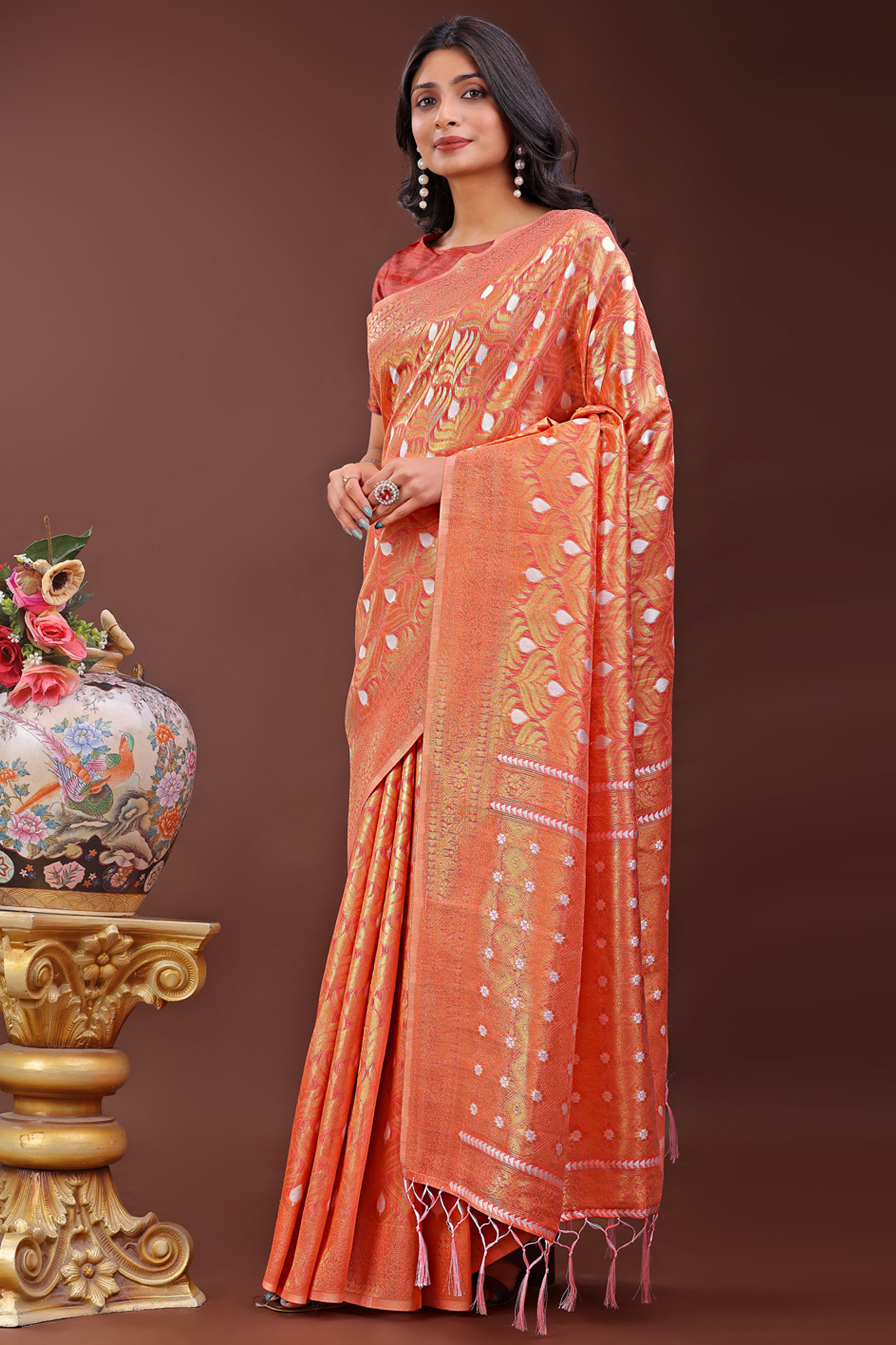 Orange Zari Work Cotton Silk Saree Finished with Luxe Tassels