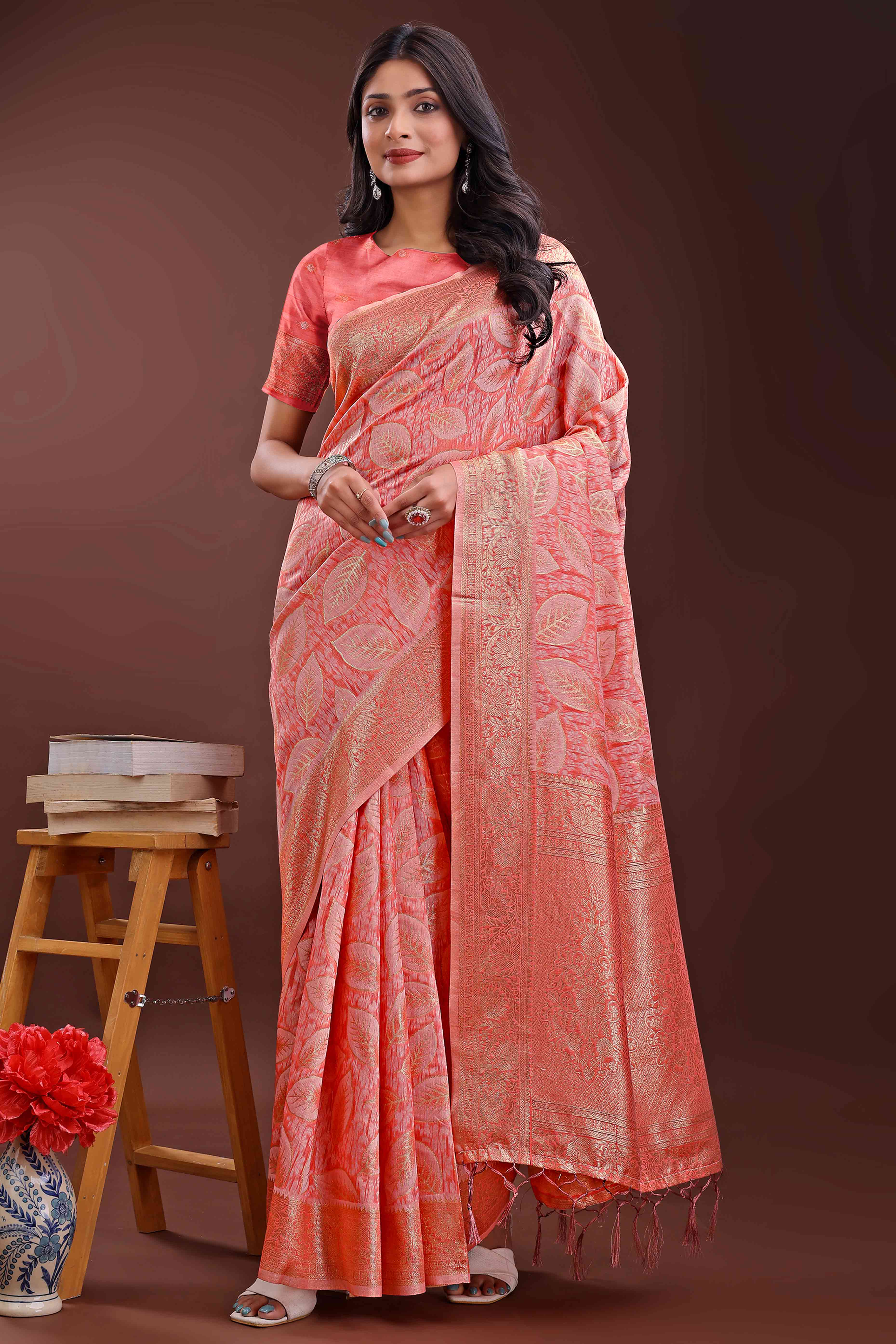 Peach Brocade Woven Saree in Cotton Silk Blend with Zari Detailing