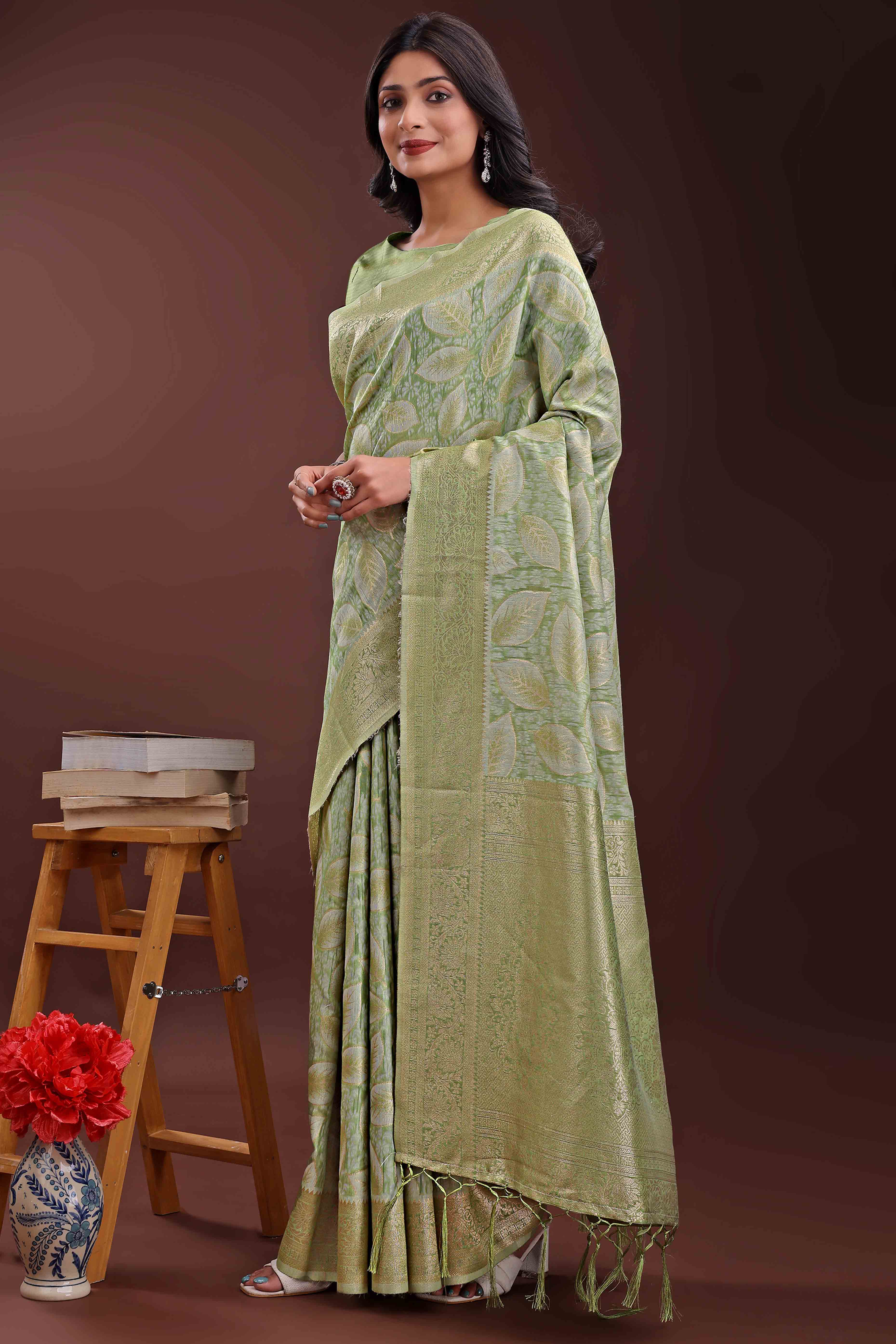 Light Green Brocade Woven Saree in Cotton Silk Blend with Zari Detailing
