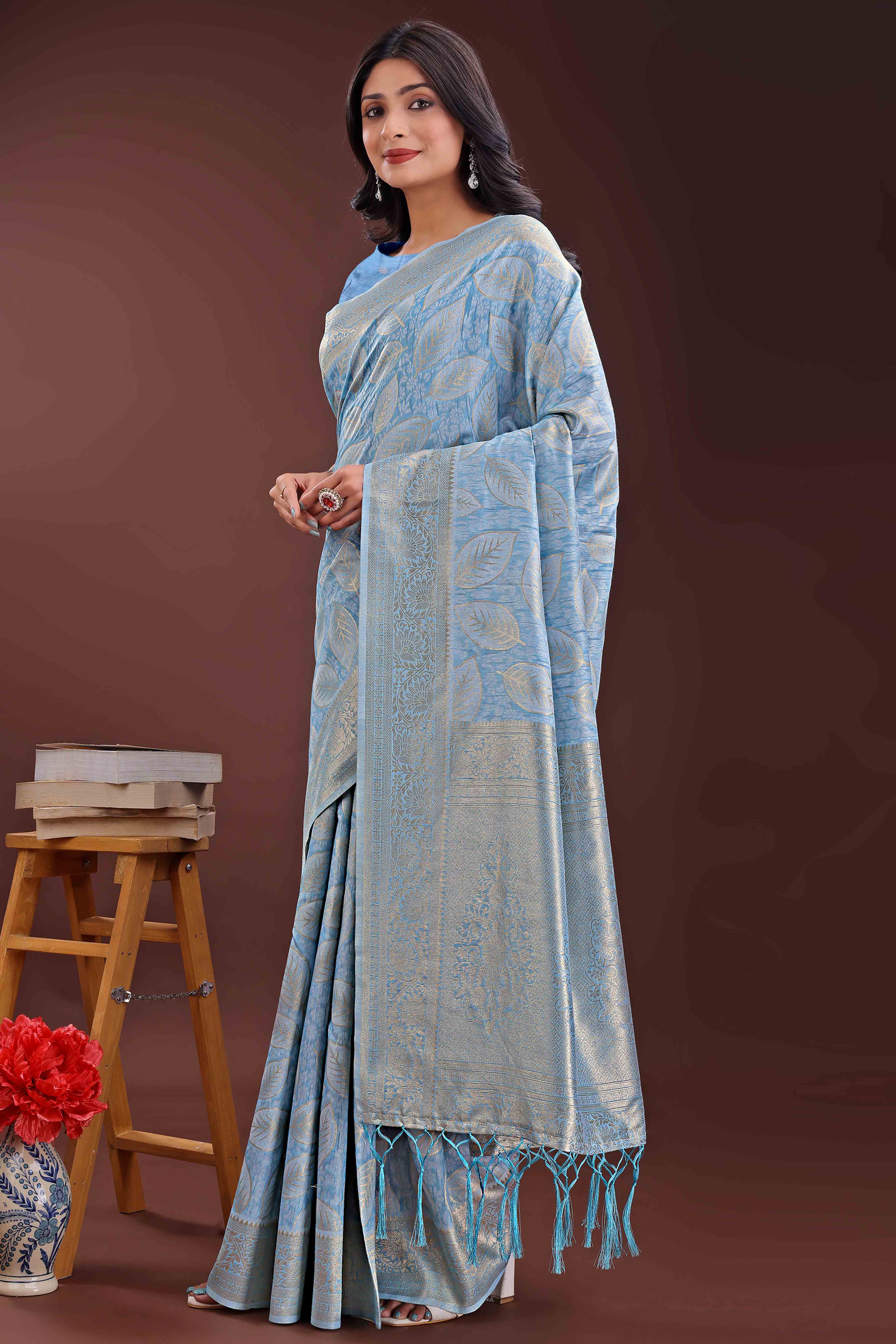 Sky Blue Brocade Woven Saree in Cotton Silk Blend with Zari Detailing
