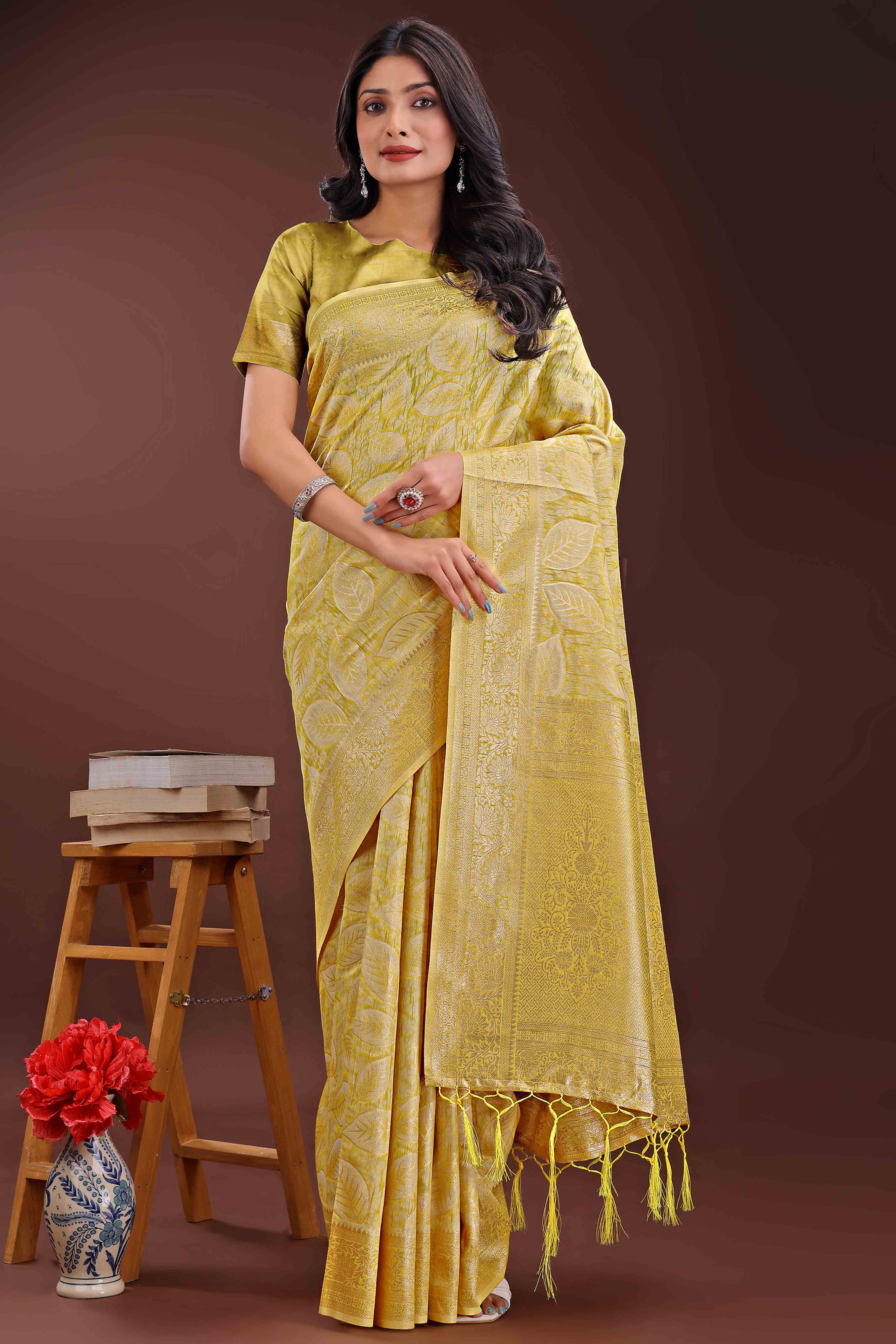 Yellow Brocade Woven Saree in Cotton Silk Blend with Zari Detailing