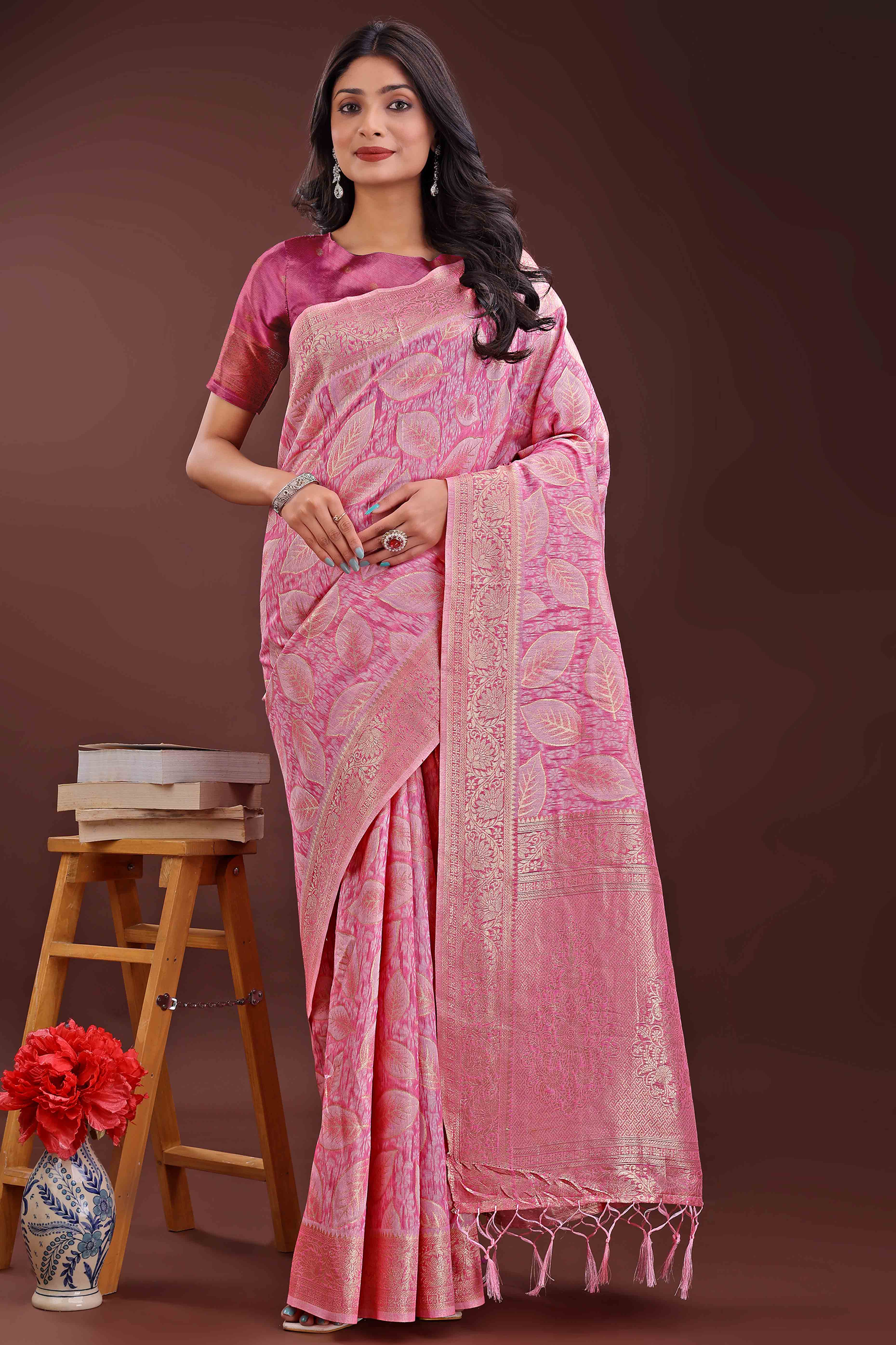 Pink Brocade Woven Saree in Cotton Silk Blend with Zari Detailing