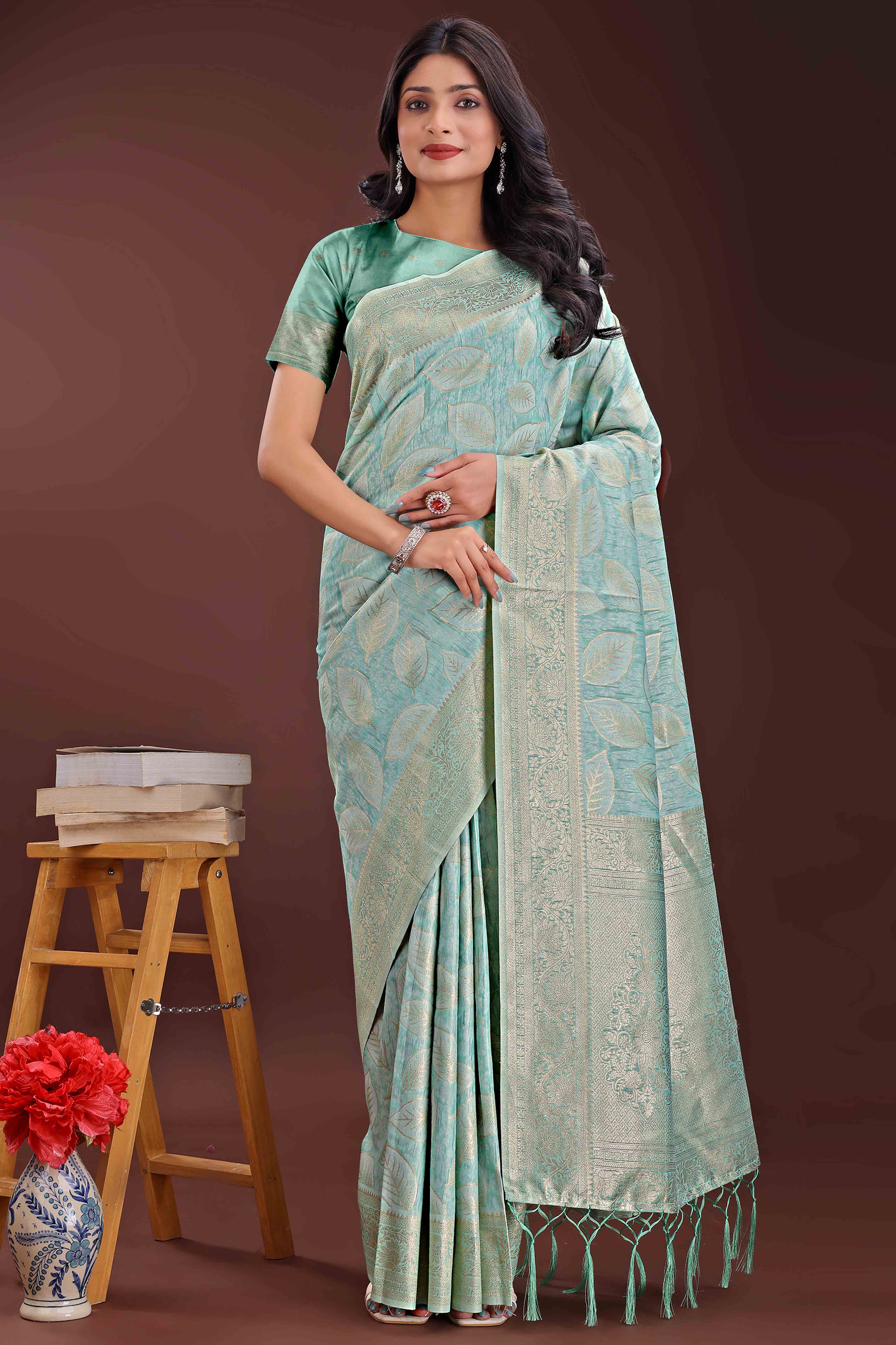 Sea Green Brocade Woven Saree in Cotton Silk Blend with Zari Detailing