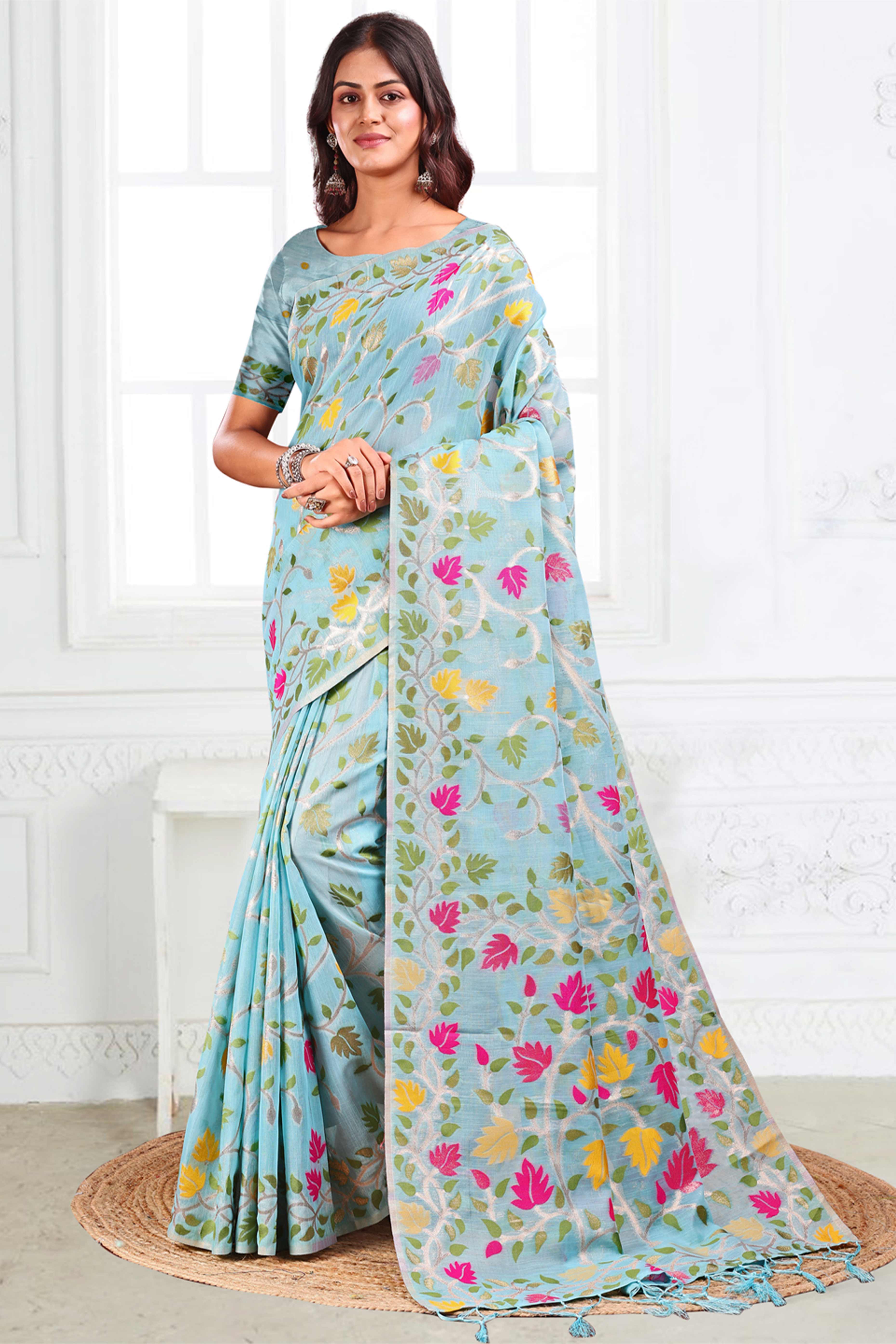 Sky Blue Linen Cotton Silk  Saree Enhanced With Floral Zari Weaving & Tasselled Pallu Finish