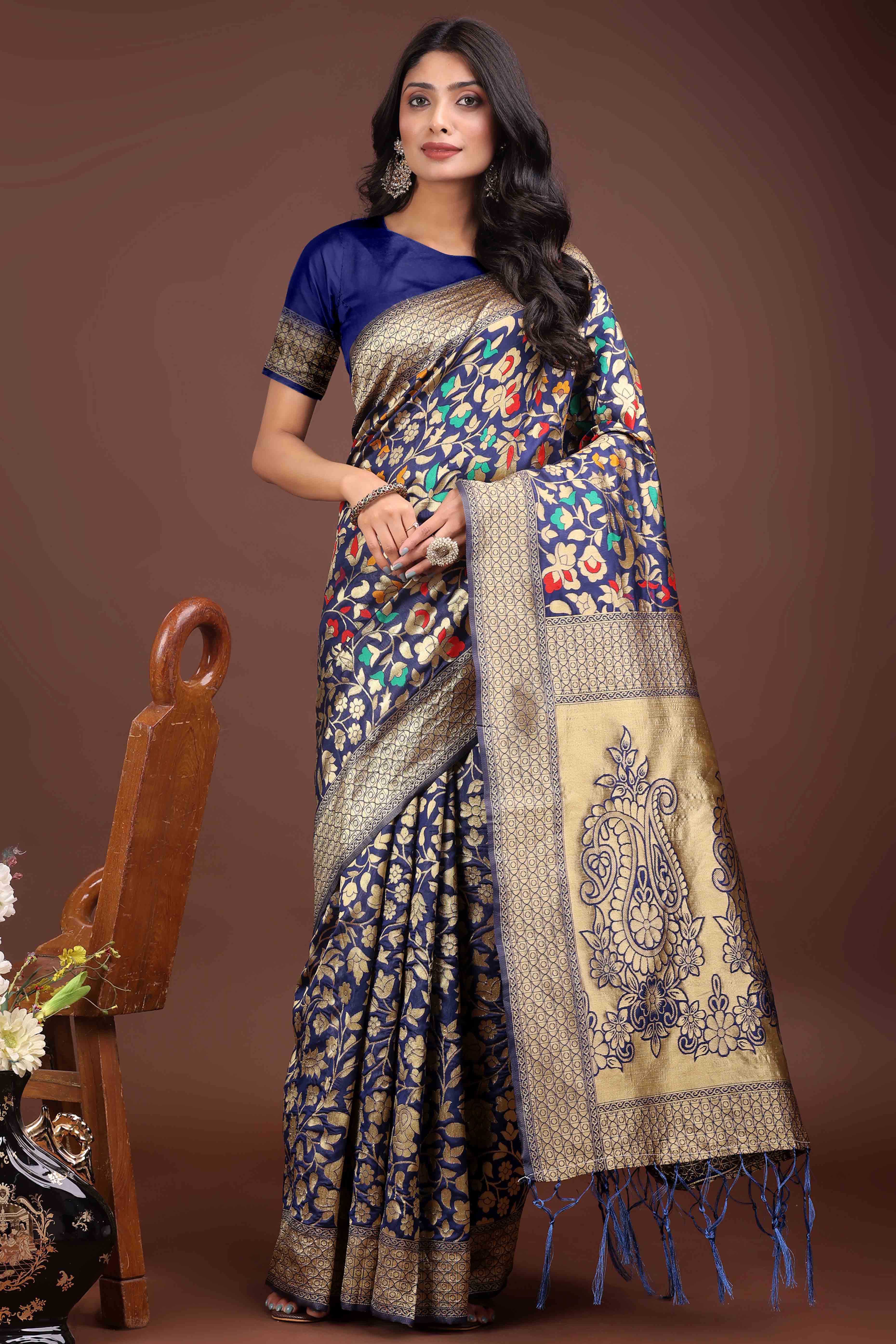 Navy Blue Lichi Banarasi Silk Saree With Floral Zari Work & Tassel Border