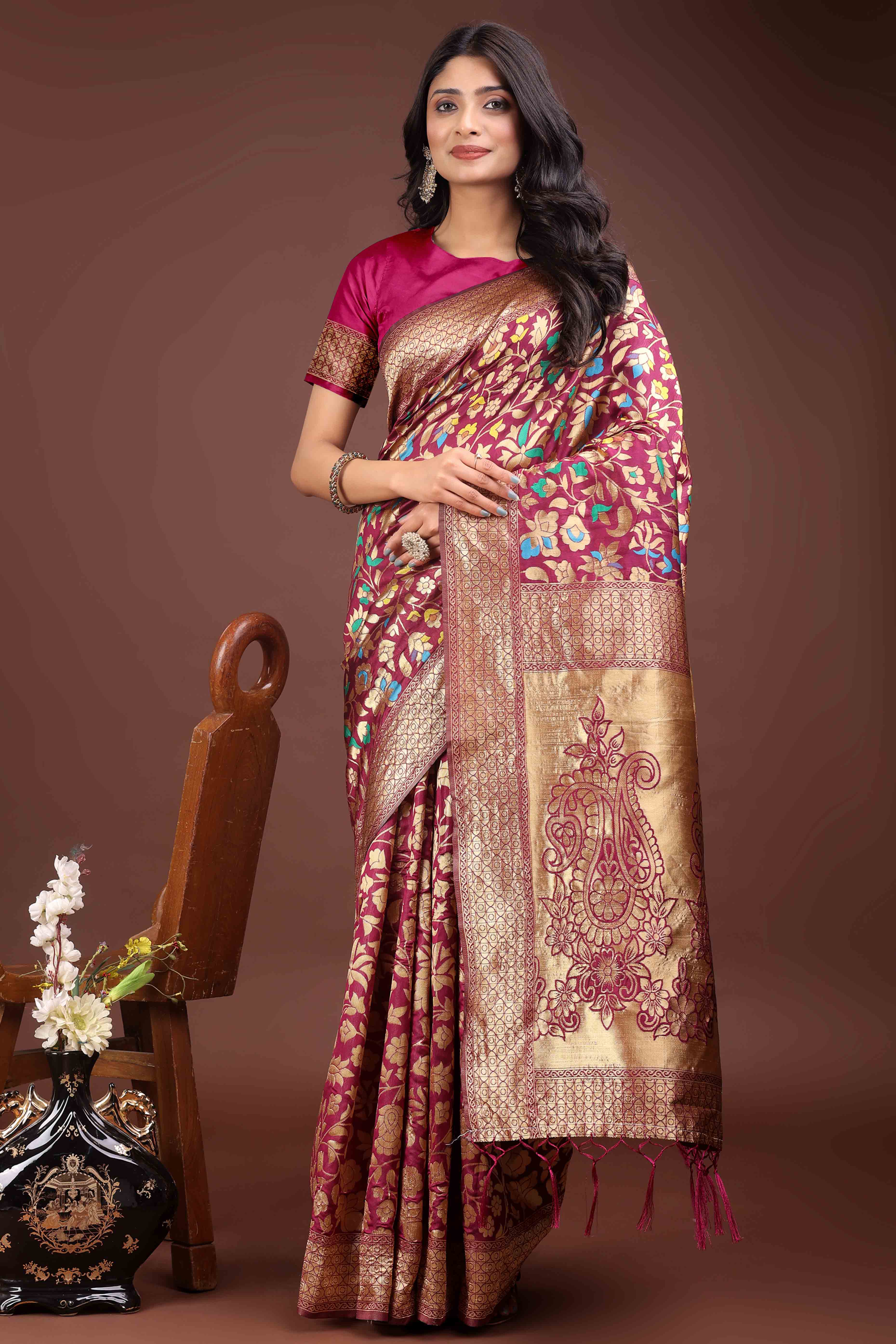 Dark Magenta Lichi Banarasi Silk Saree With Floral Zari Work & Tassel Border