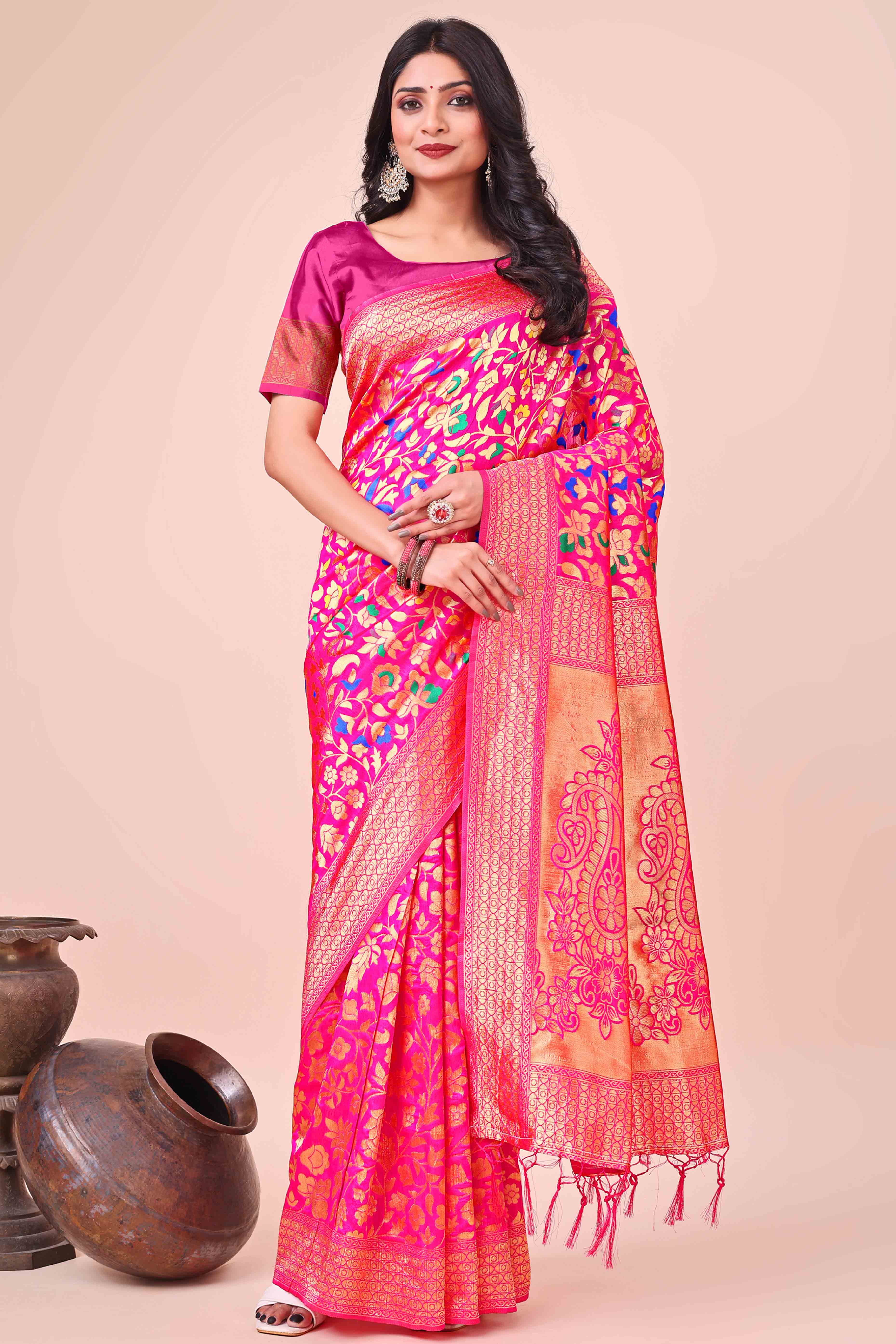 Pink Lichi Banarasi Silk Saree With Floral Zari Work & Tassel Border