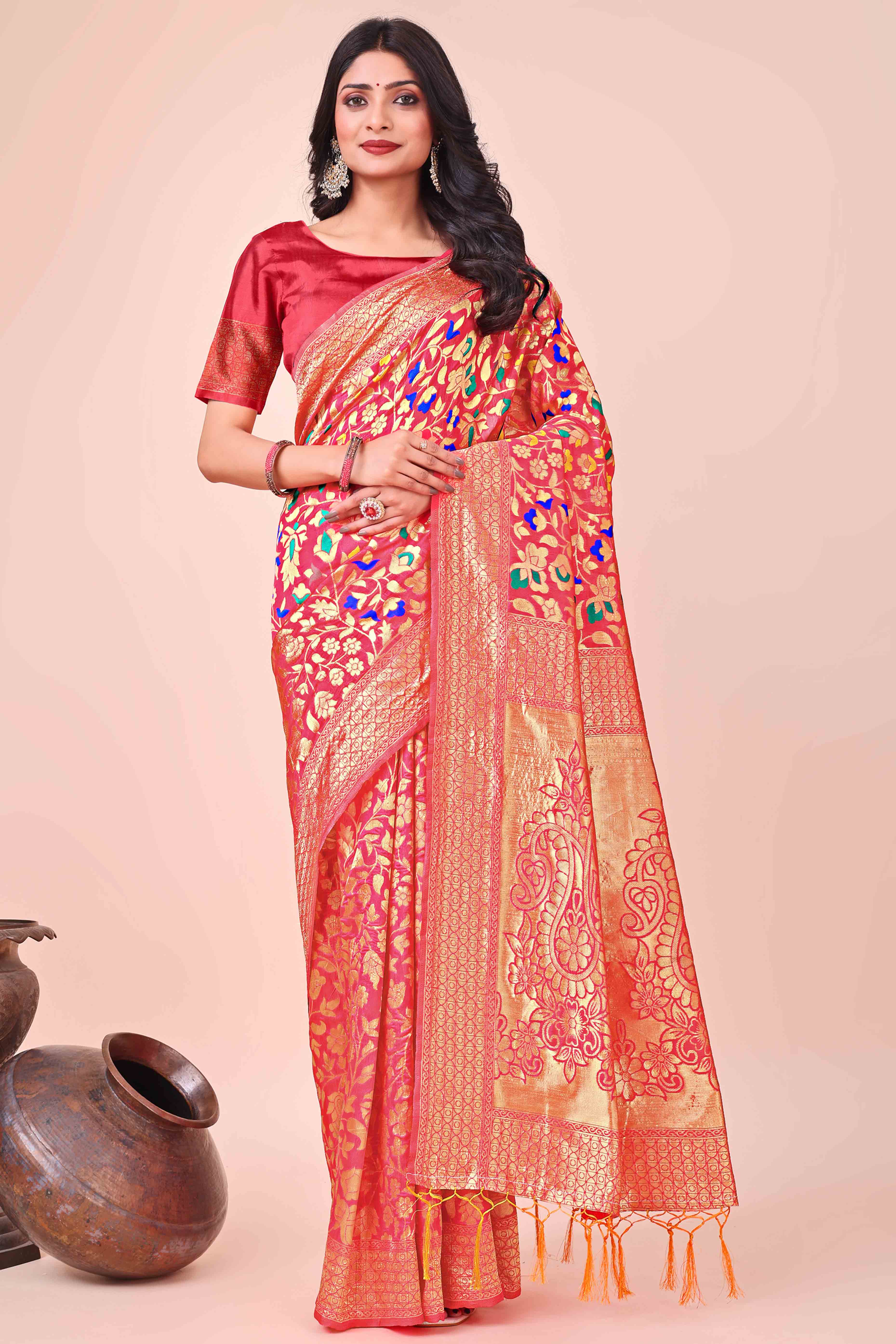 Maroon Lichi Banarasi Silk Saree With Floral Zari Work & Tassel Border