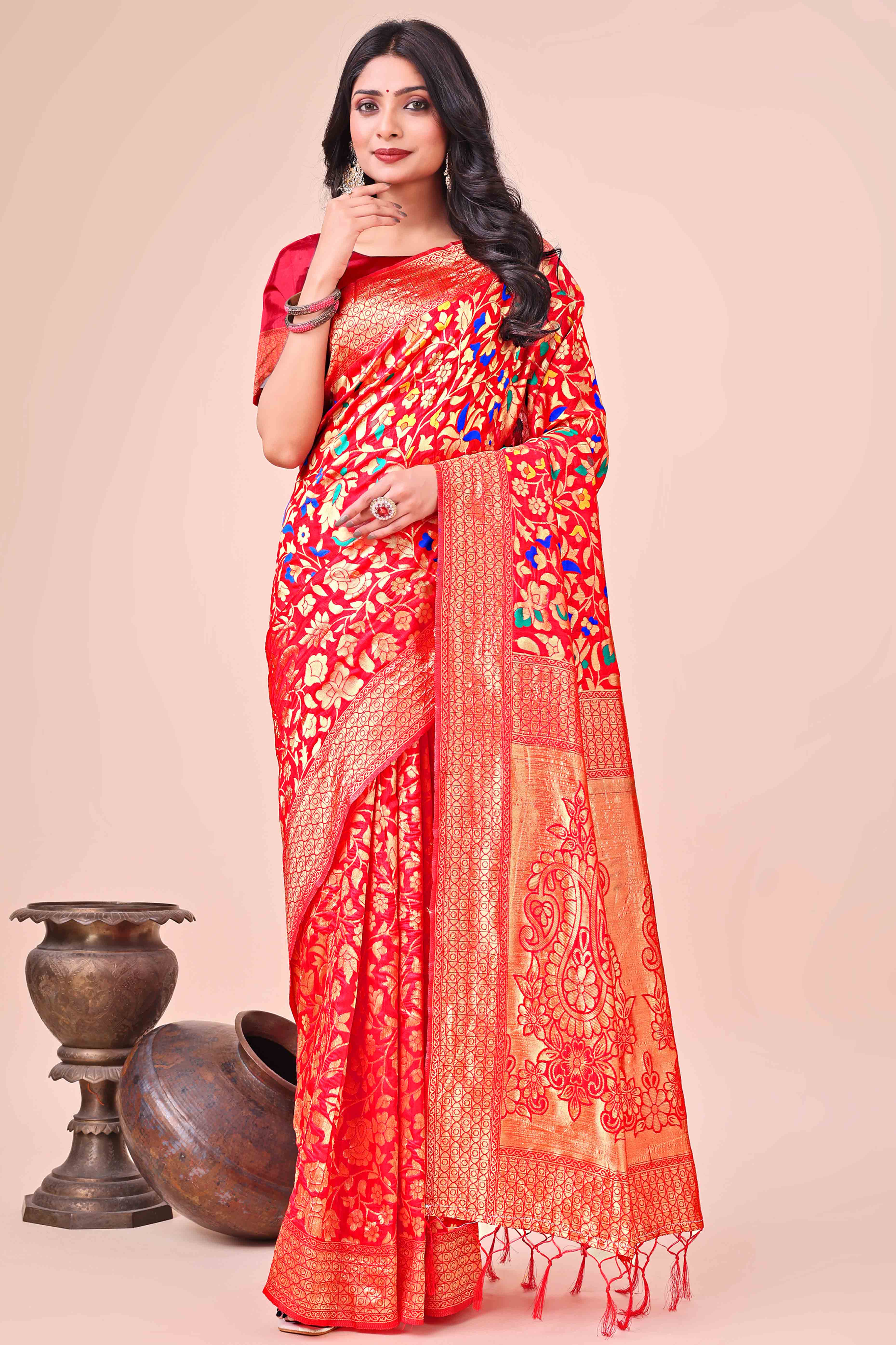 Red Lichi Banarasi Silk Saree With Floral Zari Work & Tassel Border
