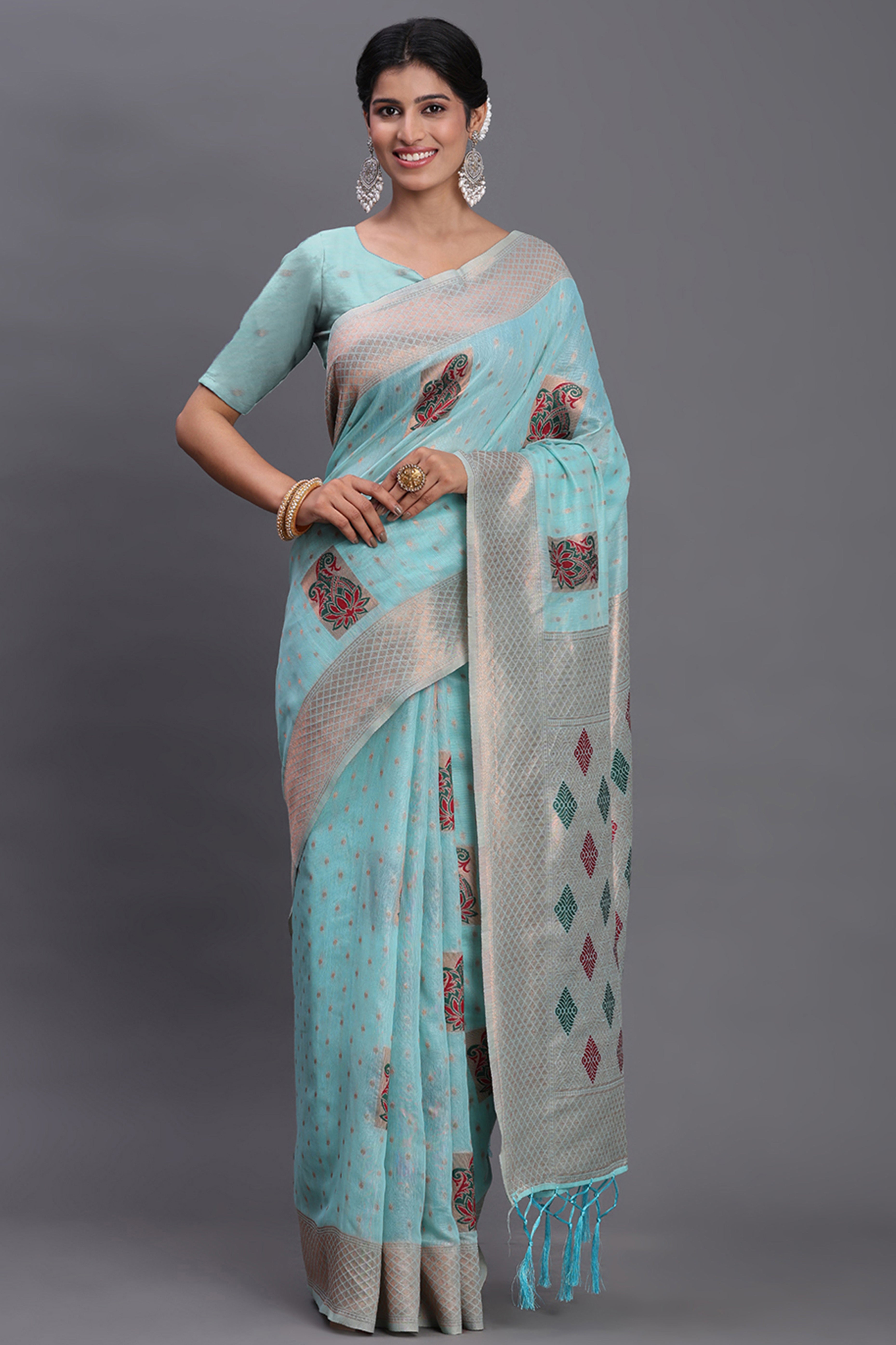 Stylish Sky Blue Floral Zari Weaving Linen Cotton Saree With Graceful Tassel Pallu