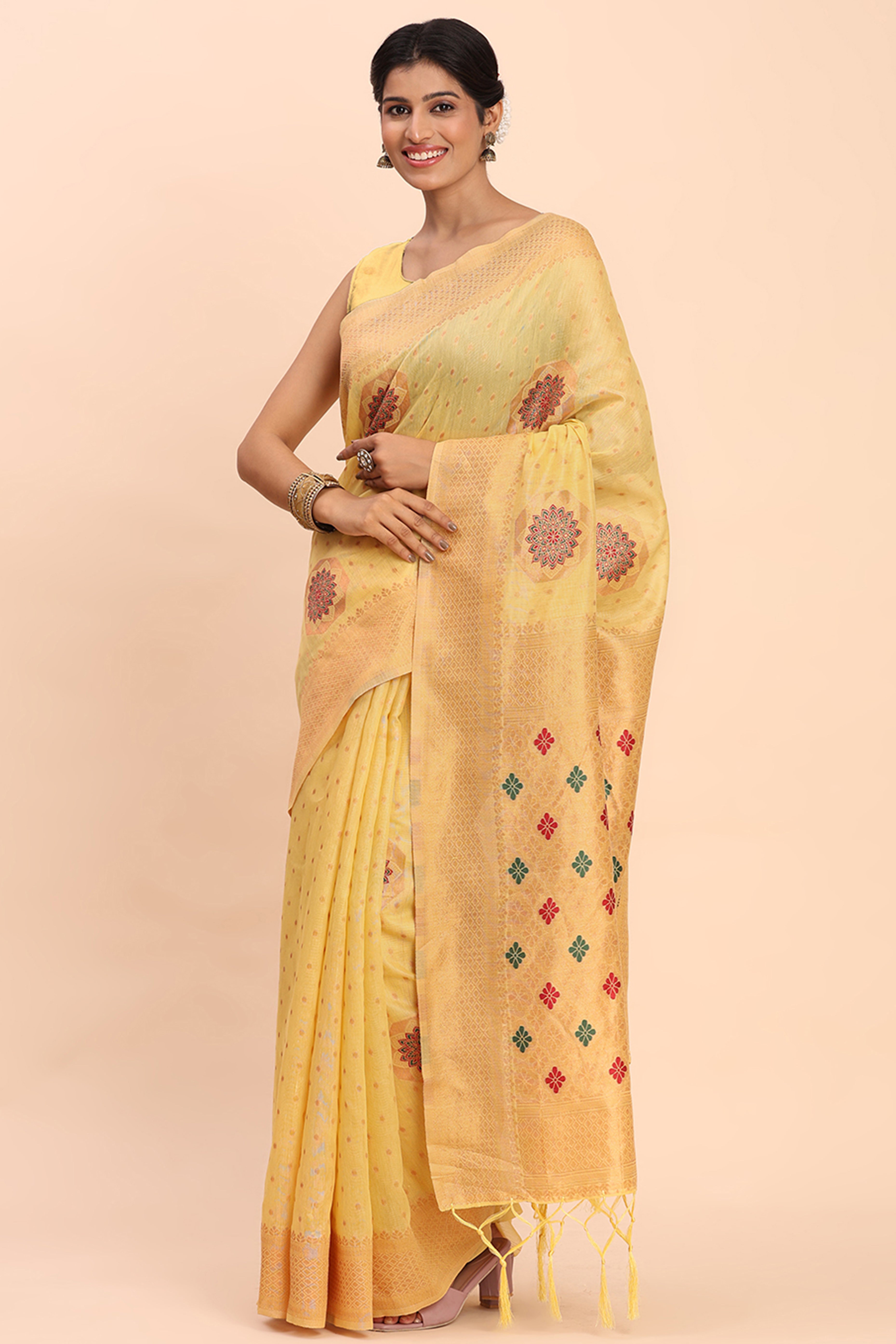 Stylish Yellow Floral Zari Weaving Linen Cotton Saree With Graceful Tassel Pallu