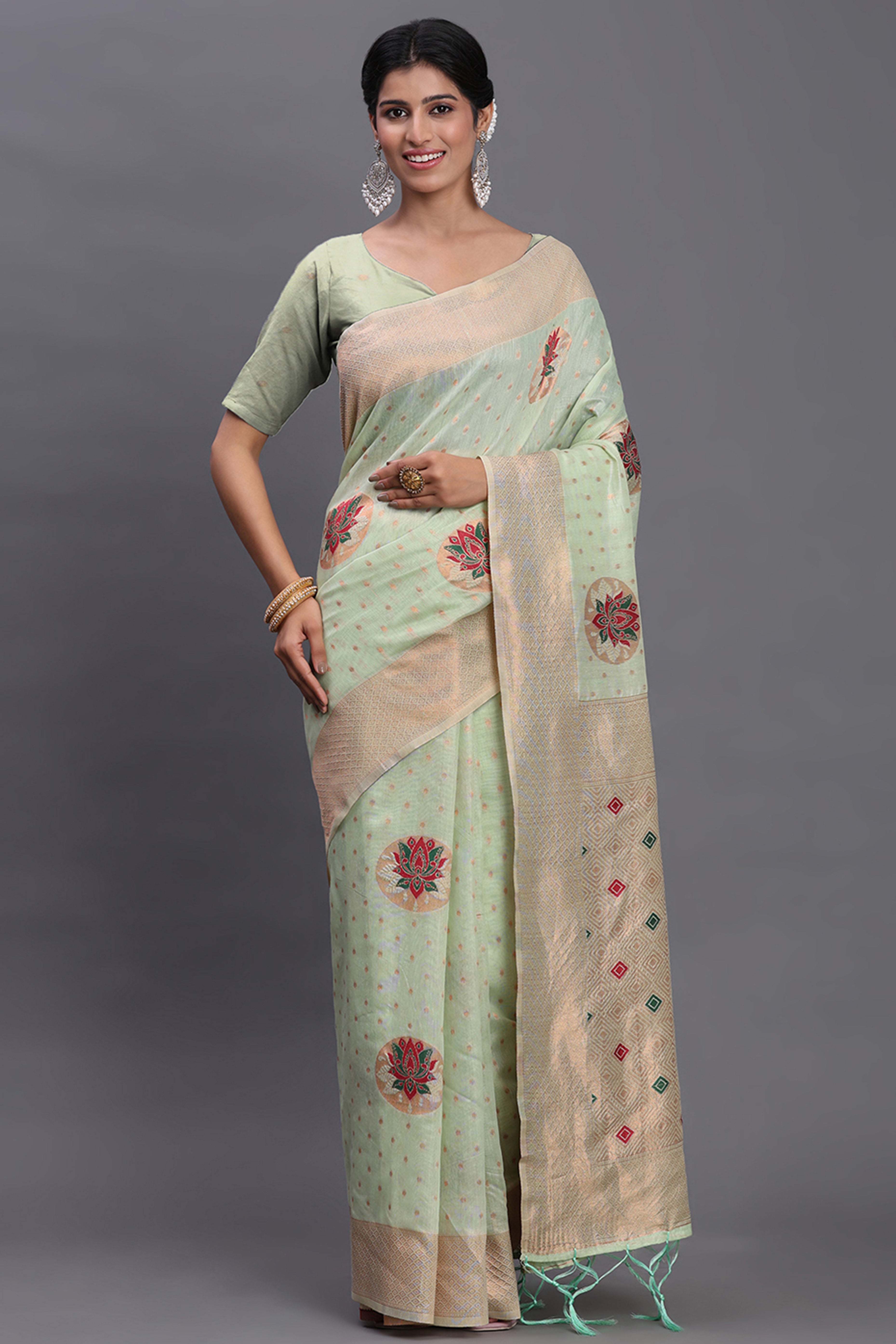 Stylish Light Green Floral Zari Weaving Linen Cotton Saree With Graceful Tassel Pallu