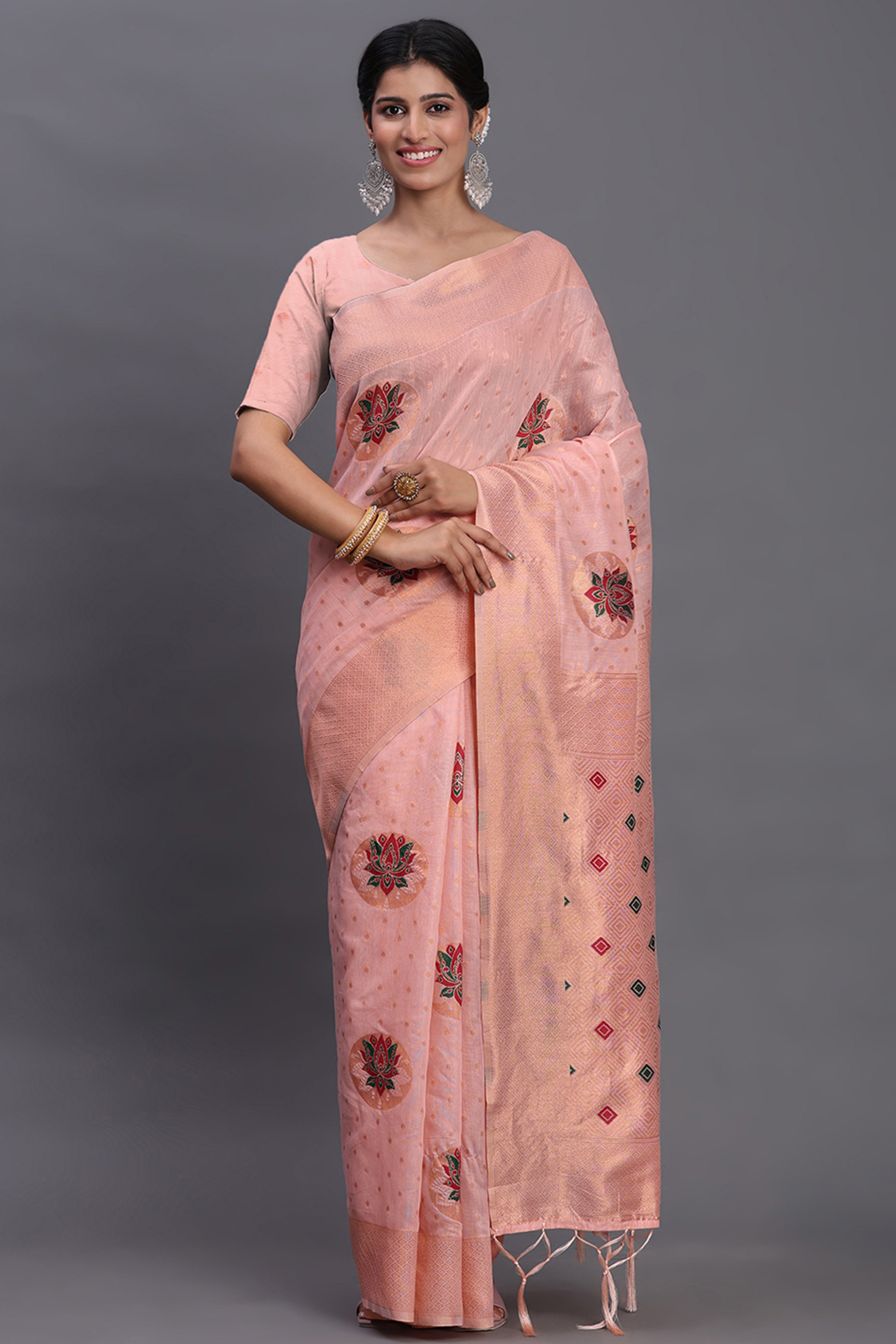Stylish Light Pink Floral Zari Weaving Linen Cotton Saree With Graceful Tassel Pallu