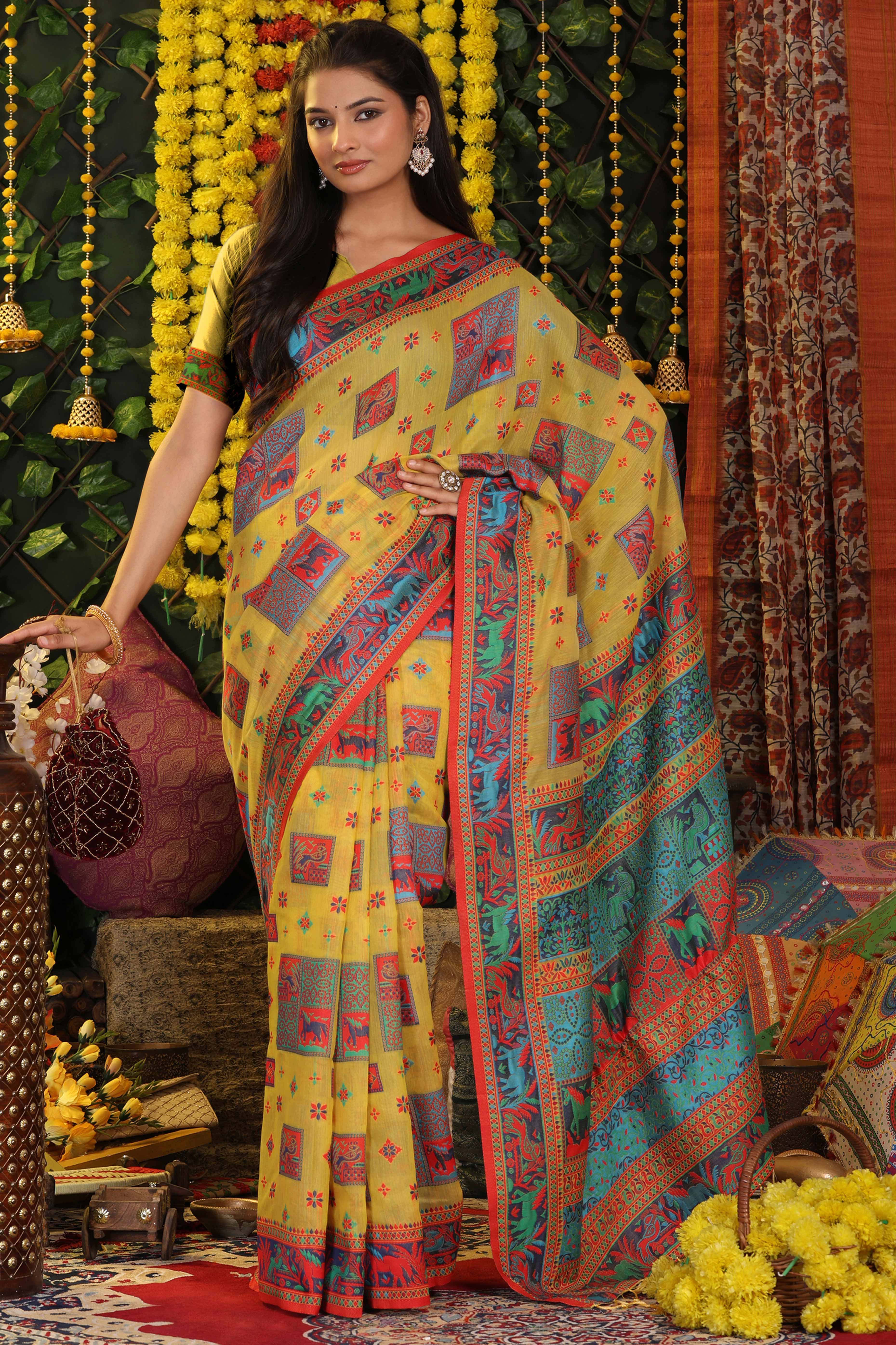 Yellow Linen Cotton Saree Adorned With Floral Zari Weaving & Tassel Pallu