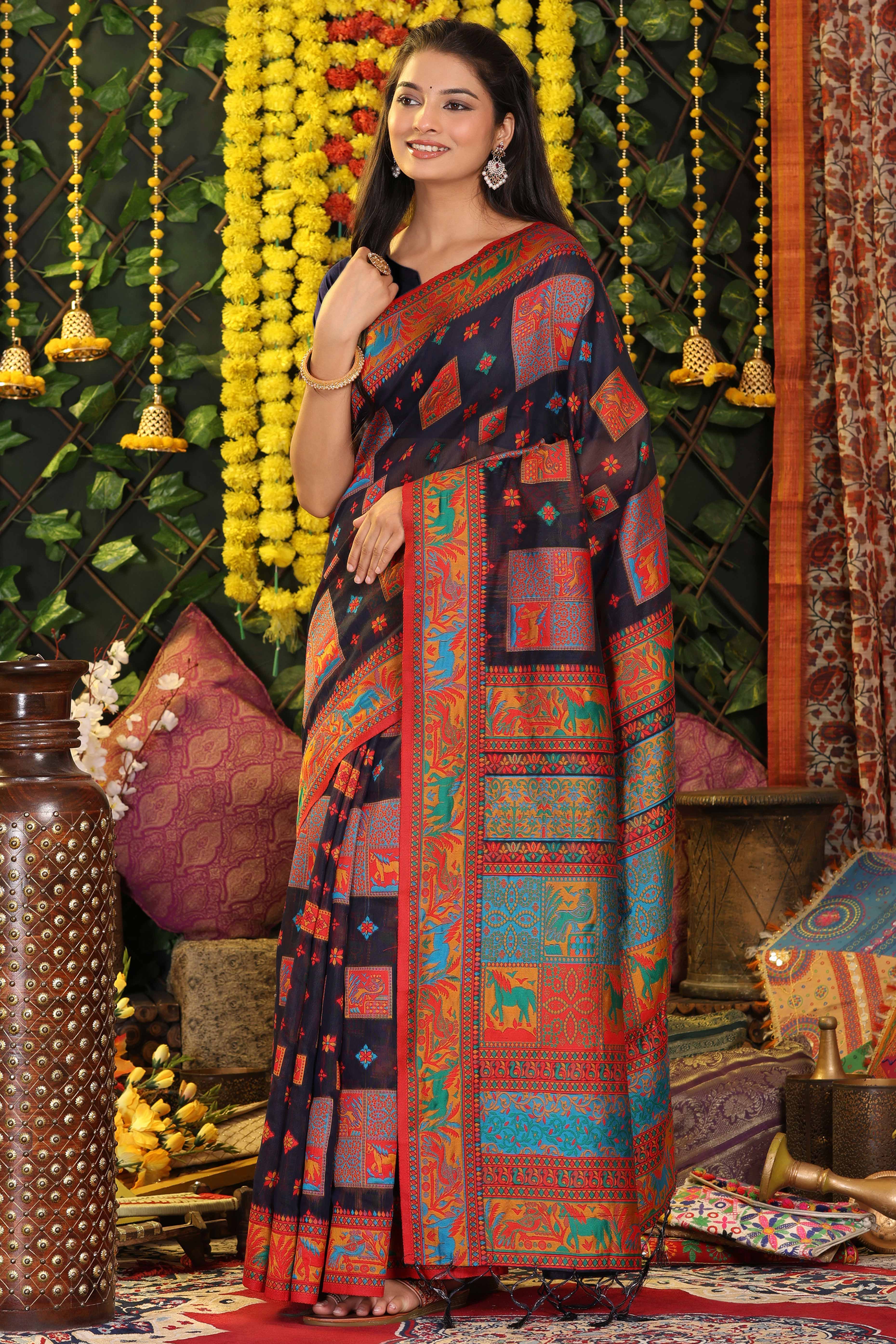 Dark Navy Blue Linen Cotton Saree Adorned With Floral Zari Weaving & Tassel Pallu