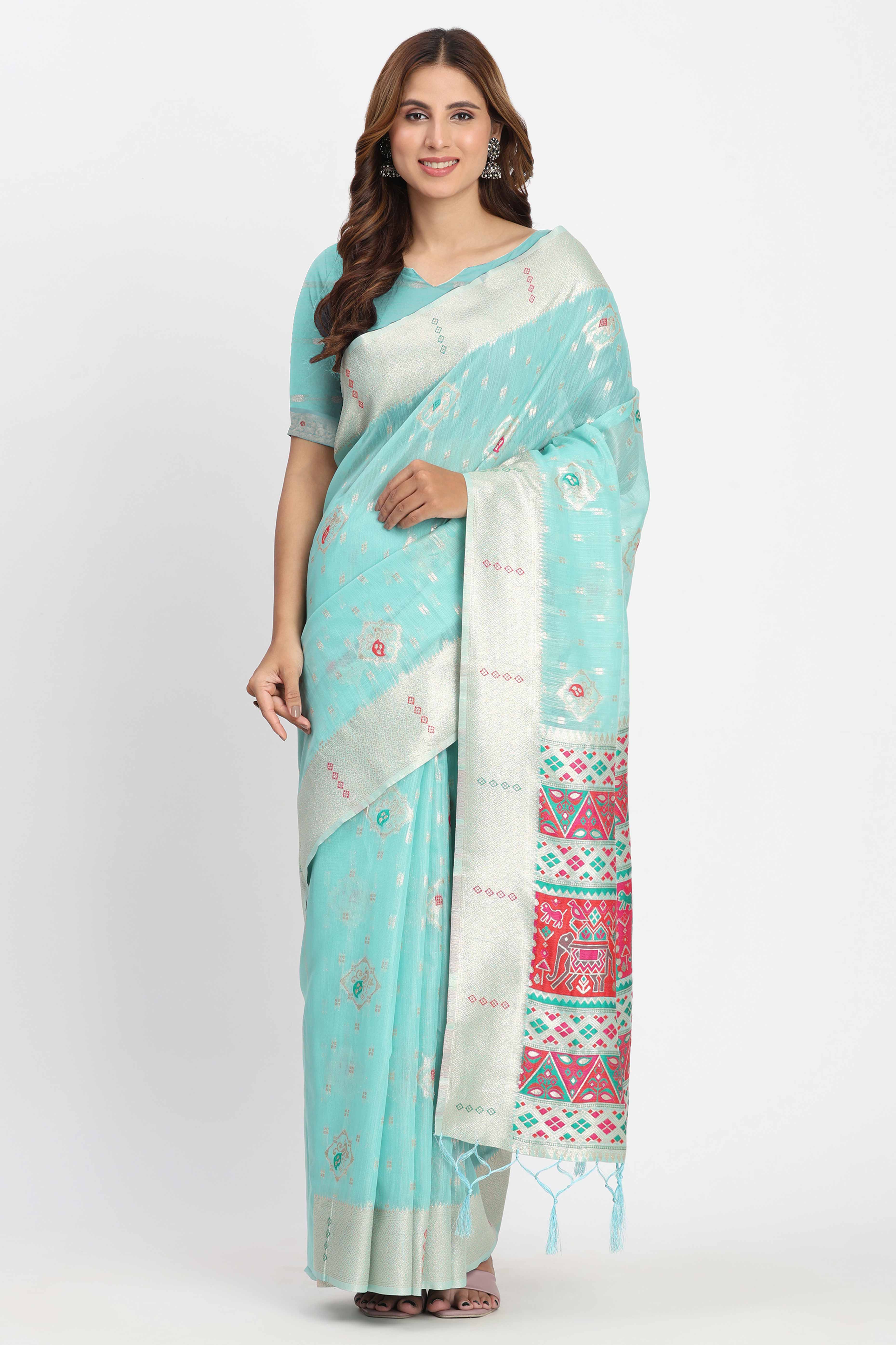 Shimmering Turquoise linen Cotton Saree Embellished With Rich Zari Weaving And Tassels Pallu
