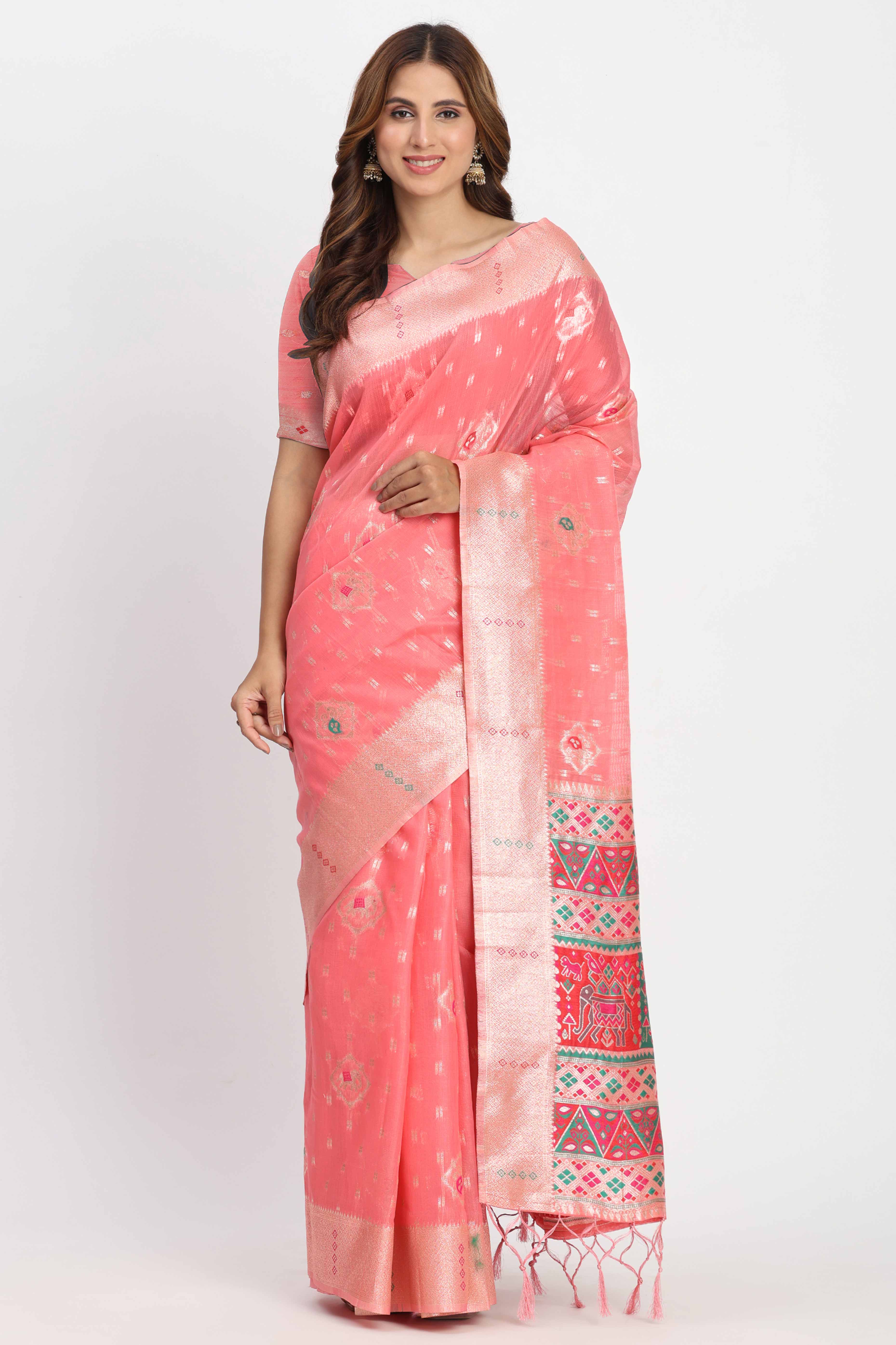 Shimmering Coral Pink  linen Cotton Saree Embellished With Rich Zari Weaving And Tassels Pallu