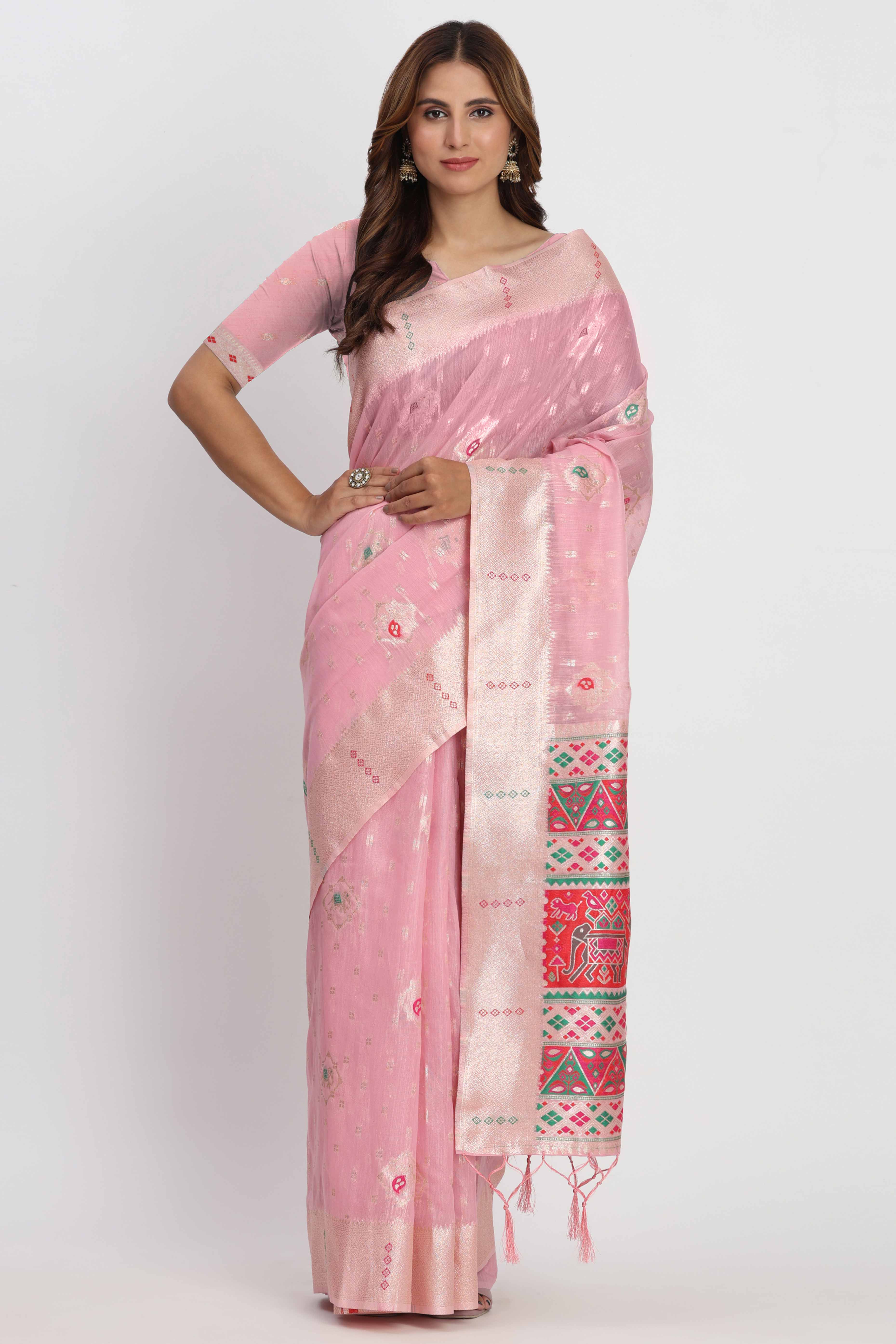 Shimmering Light Pink linen Cotton Saree Embellished With Rich Zari Weaving And Tassels Pallu