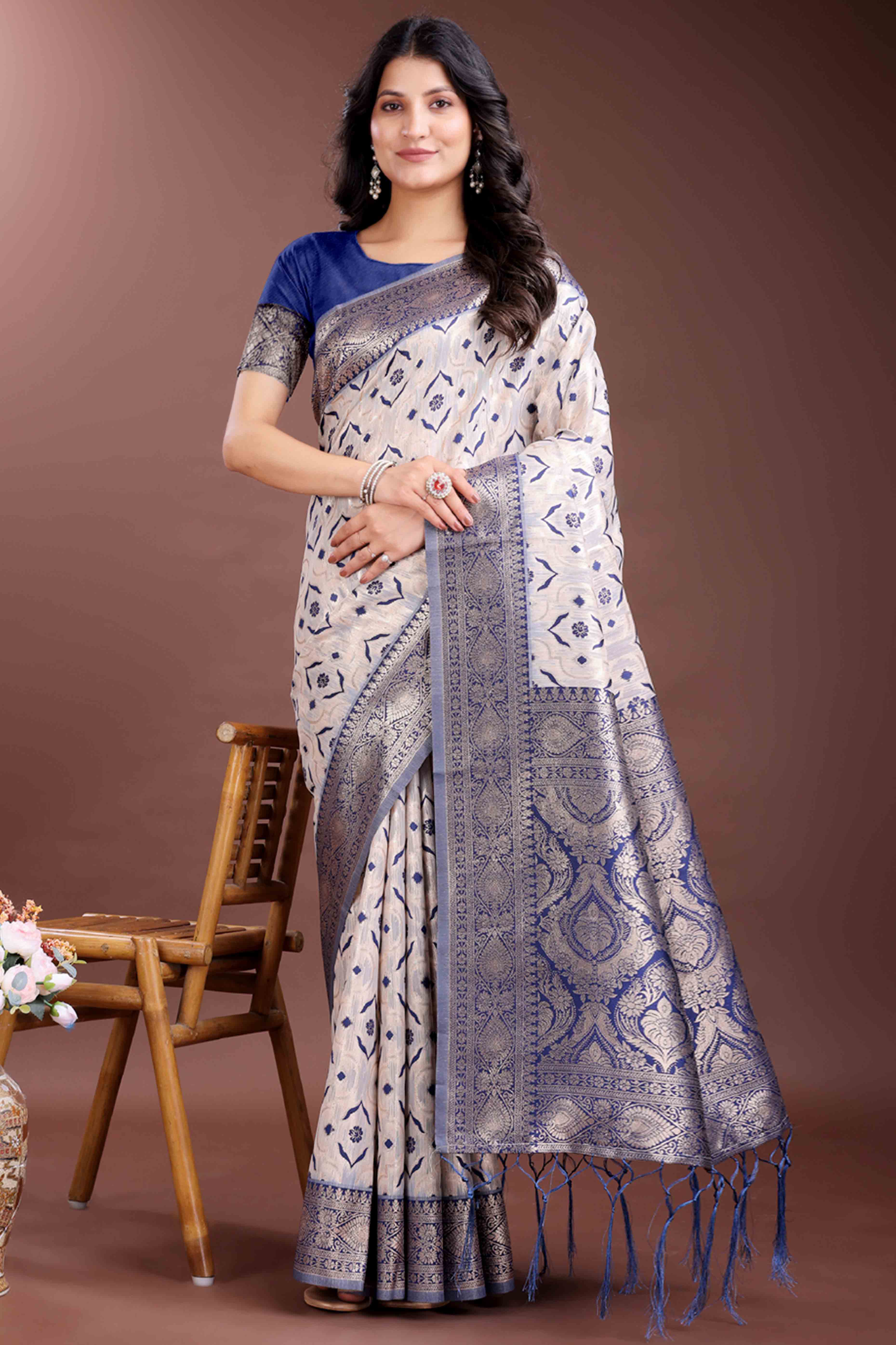 Deep Navy Blue Traditional Ikkat Style Zari Weaving Cotton Blend Saree with Elegant Tassel Embellishments