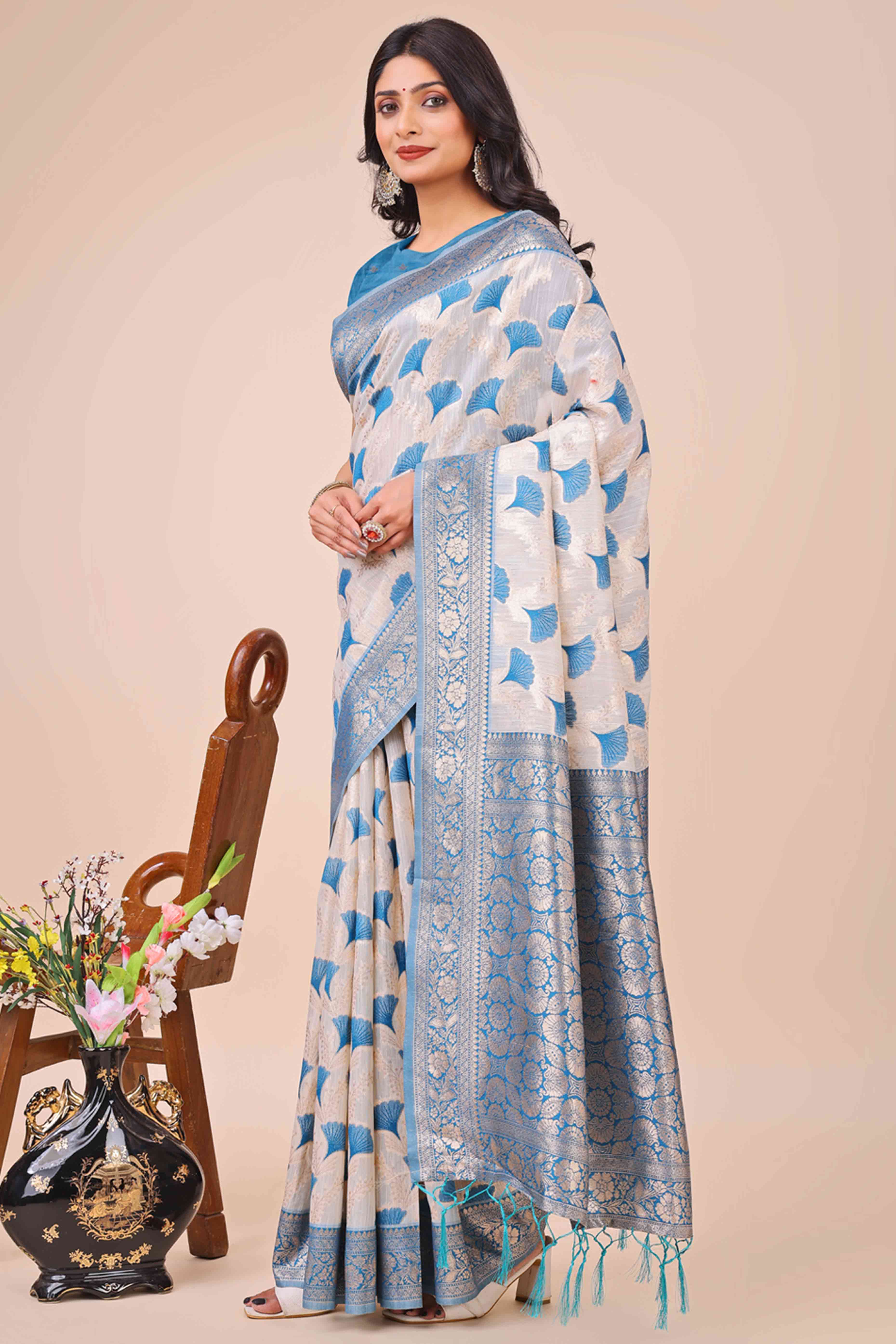 Blue Saree In Linen Cotton With Beautiful Floral Woven Patterns & a Tassel