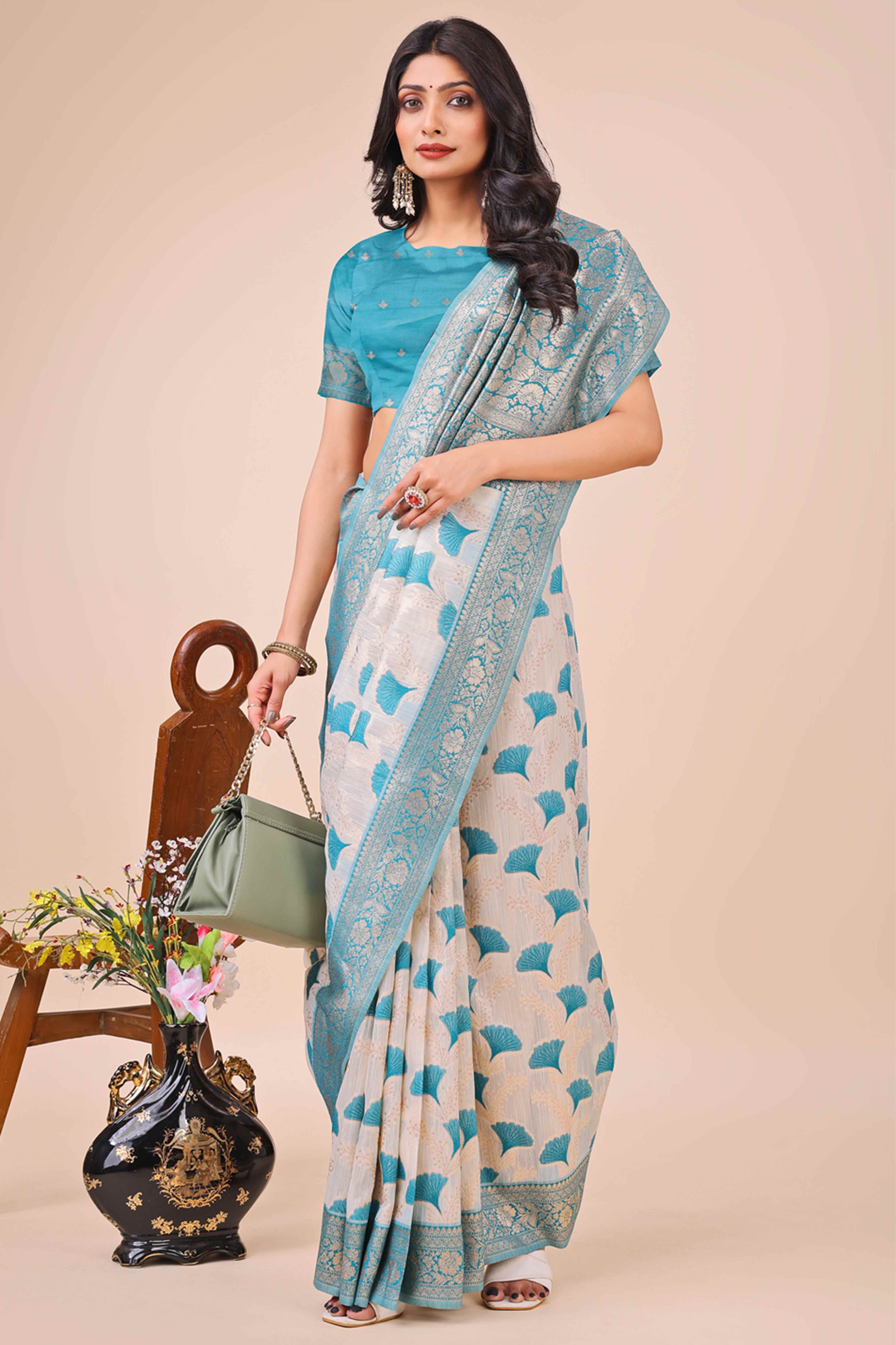Rama Blue Saree In Linen Cotton With Beautiful Floral Woven Patterns & a Tassel