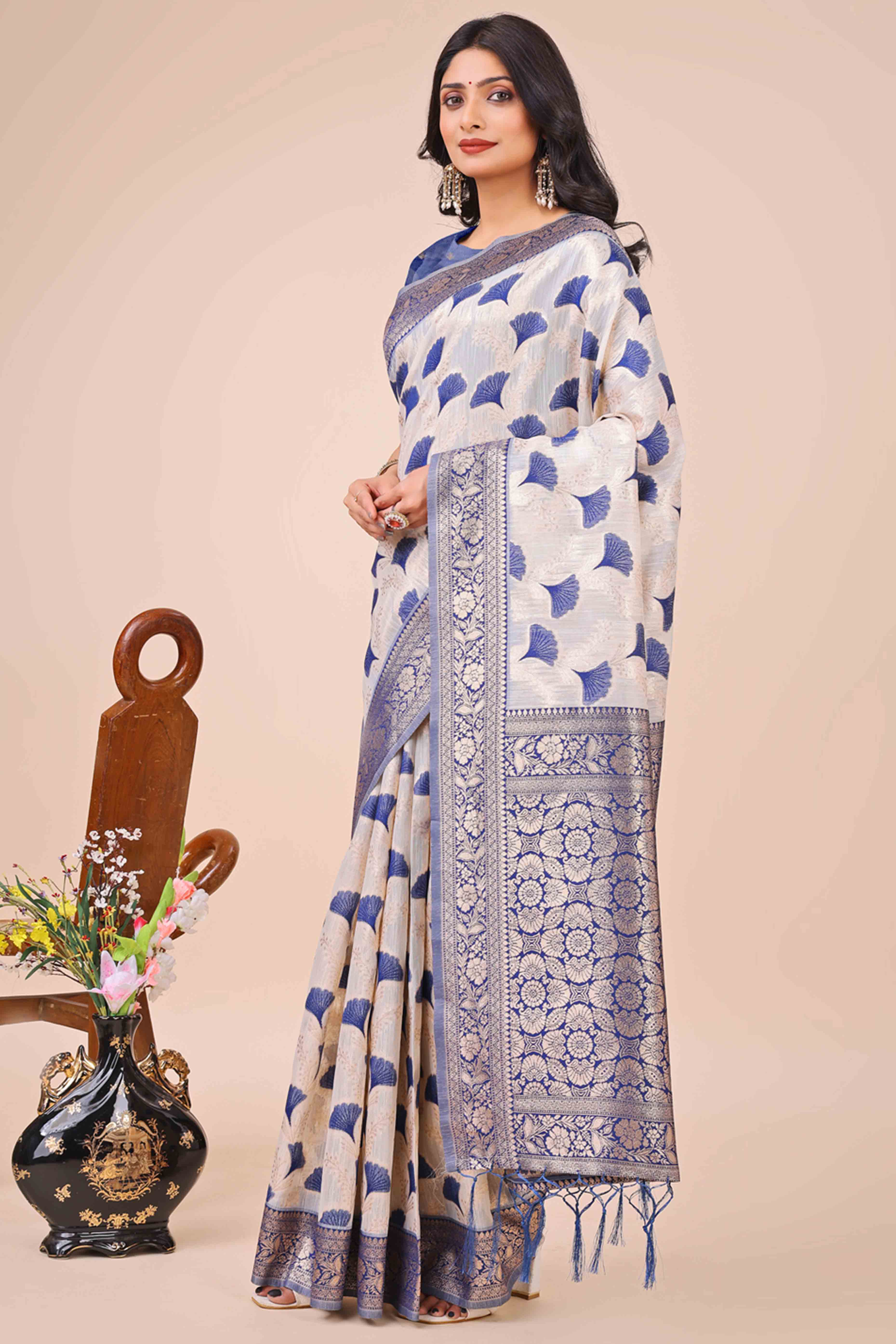 Navy Blue Saree In Linen Cotton With Beautiful Floral Woven Patterns & a Tassel