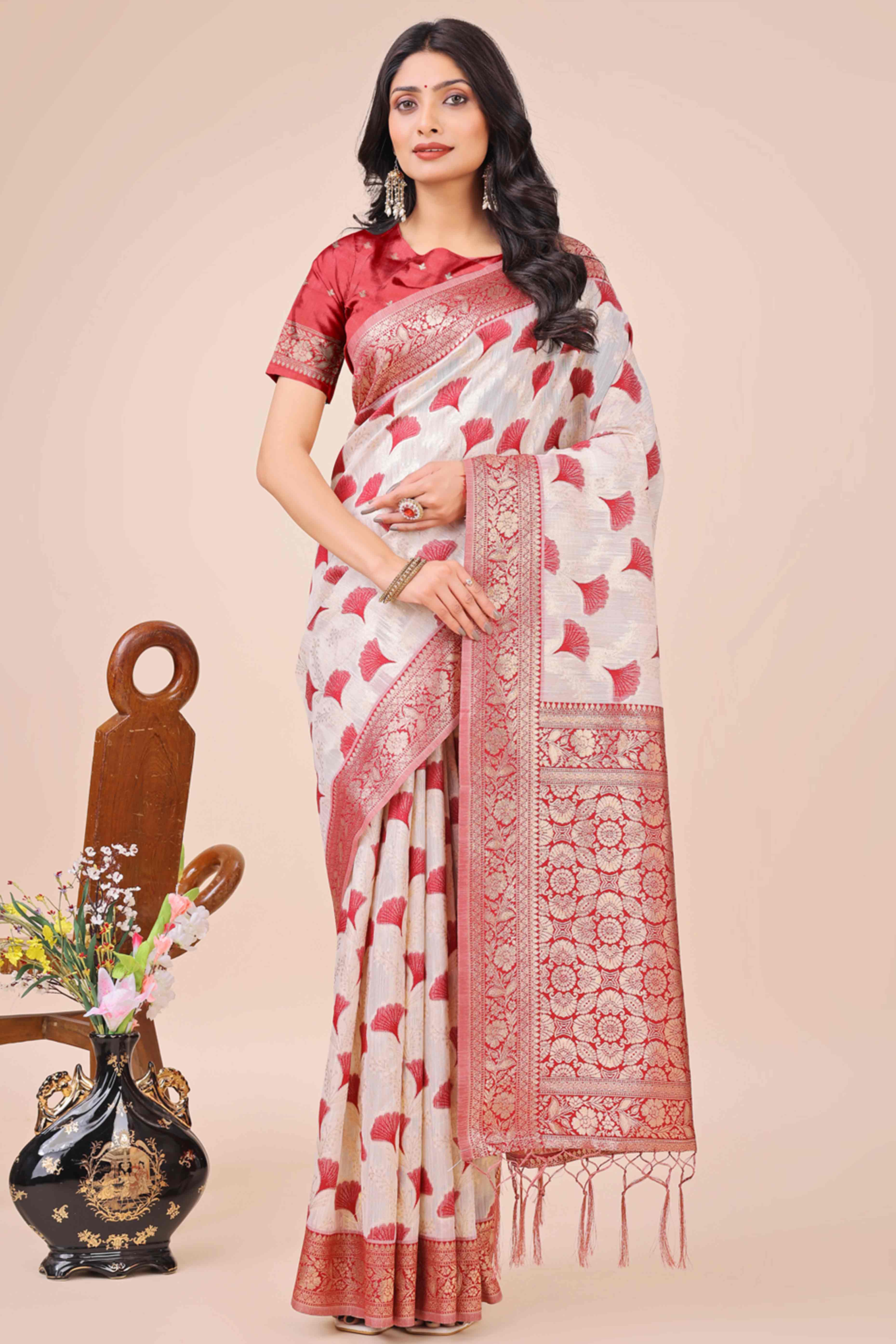 Maroon Saree In Linen Cotton With Beautiful Floral Woven Patterns & a Tassel
