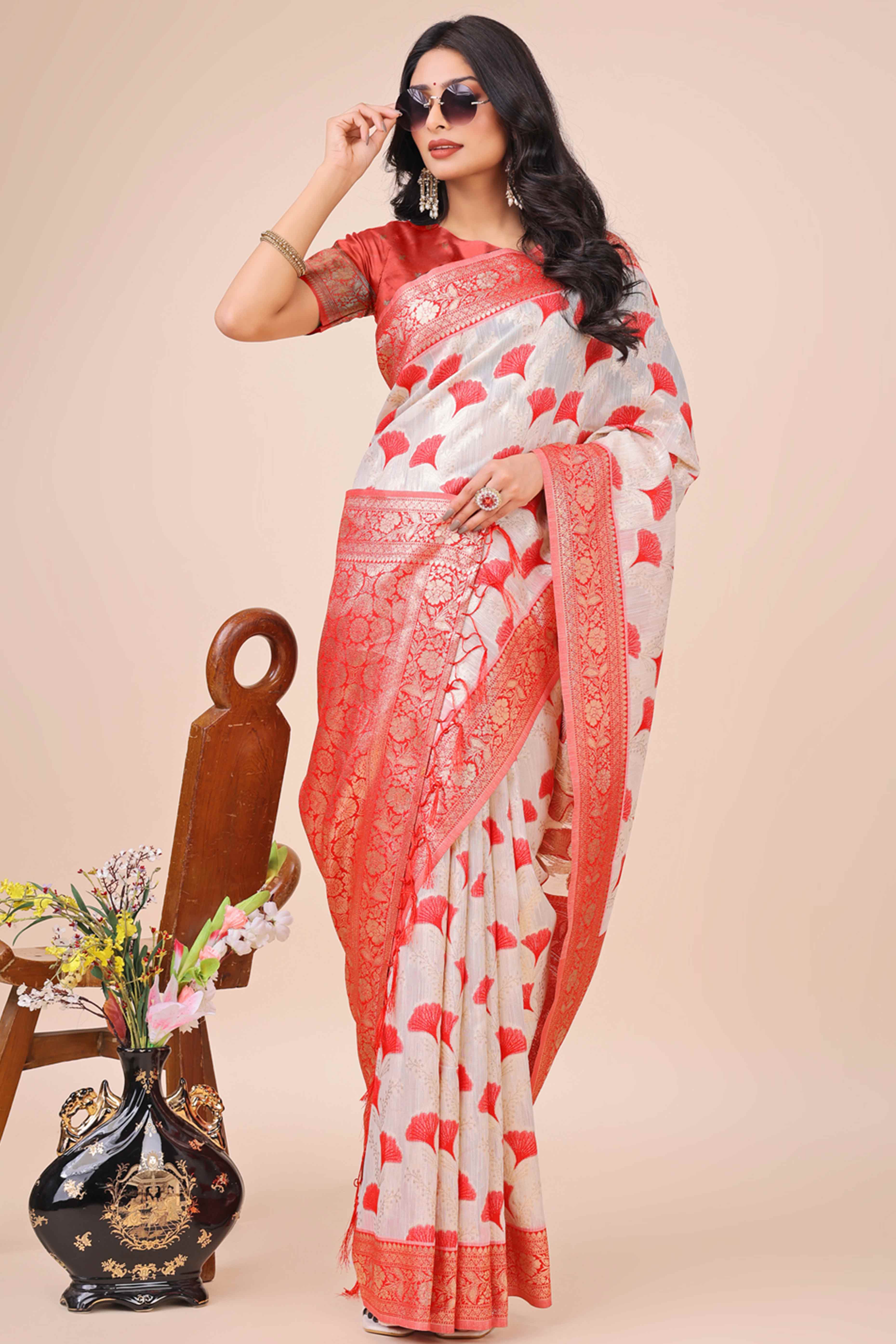 Red Saree In Linen Cotton With Beautiful Floral Woven Patterns & a Tassel