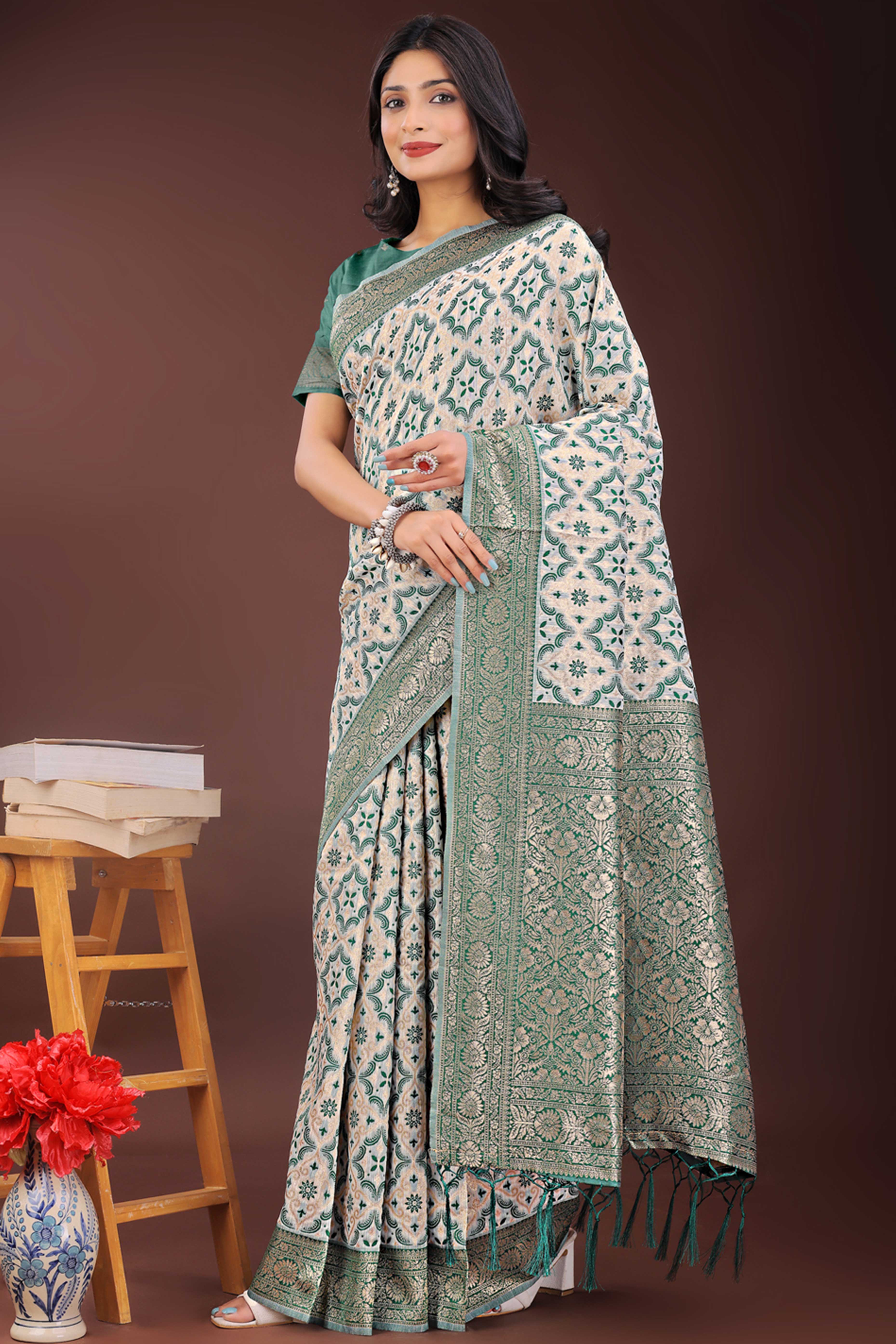 Green Cotton Blend Saree with Woven Floral Brocade Patterns and Tasseled Borders