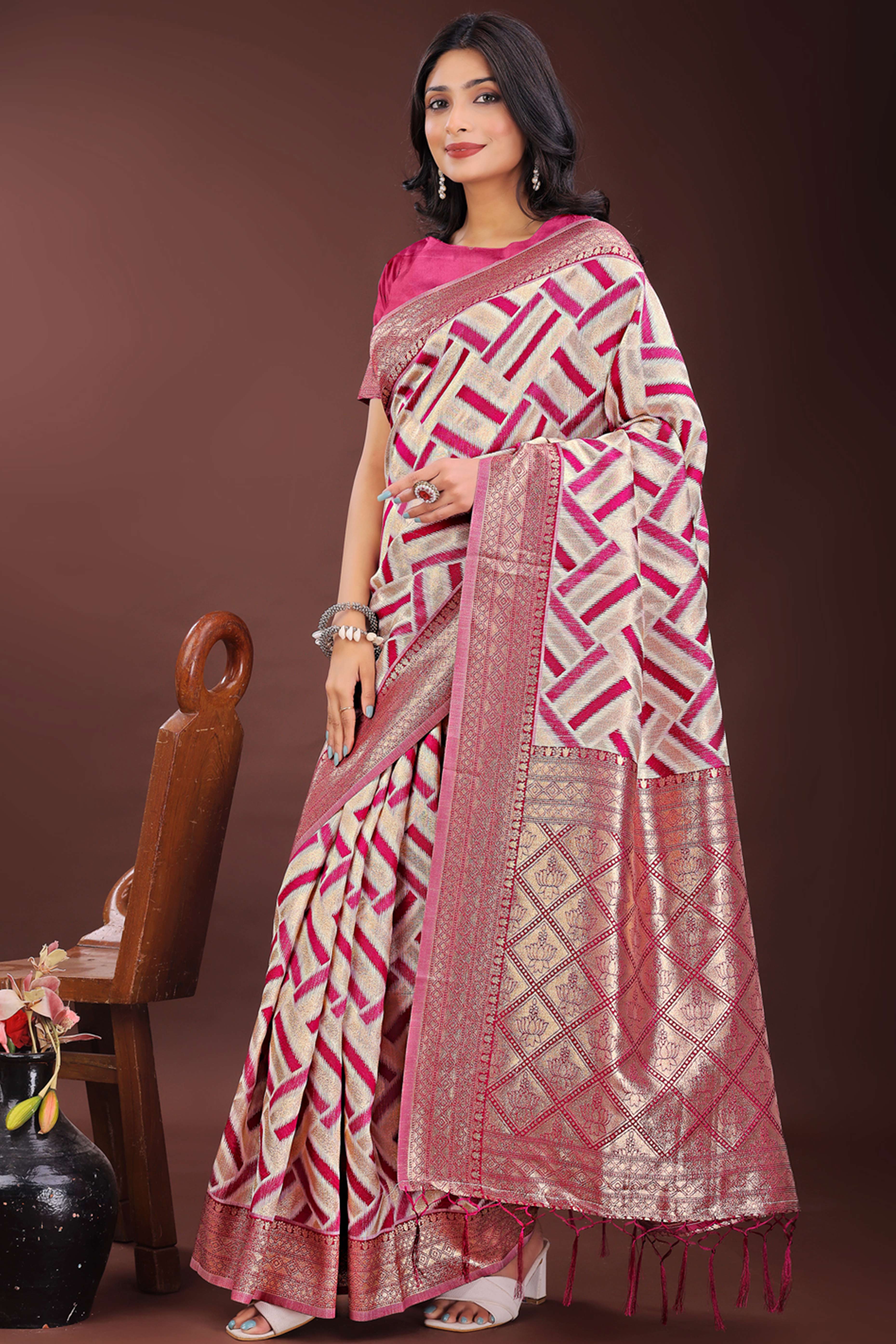 Magenta Saree with Zari Woven Geometric Motifs and Graceful Tassel Accents