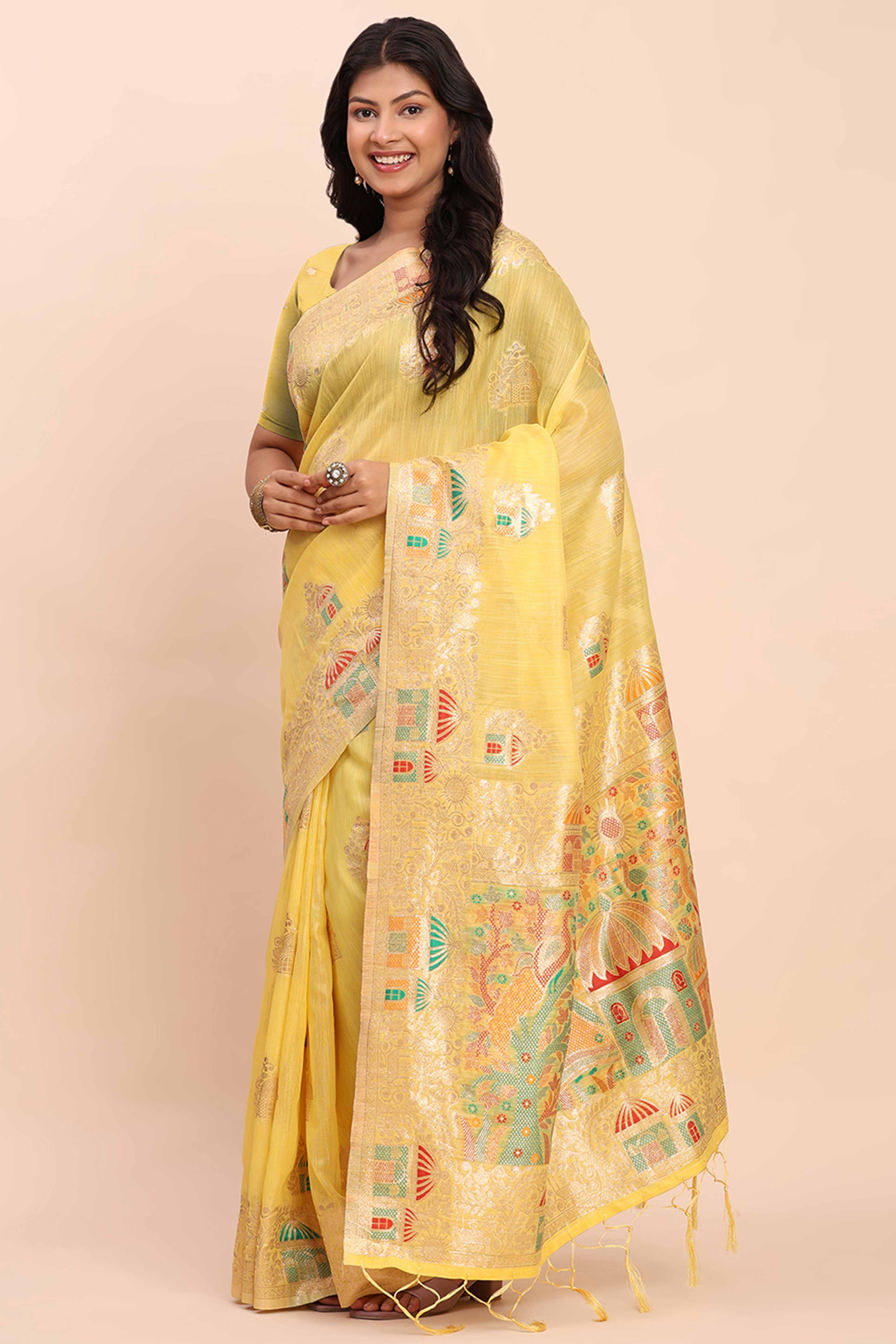 Yellow Bloom Zari Woven Linen Cotton Saree Adorned With Floral Motifs & A Tassel Finish
