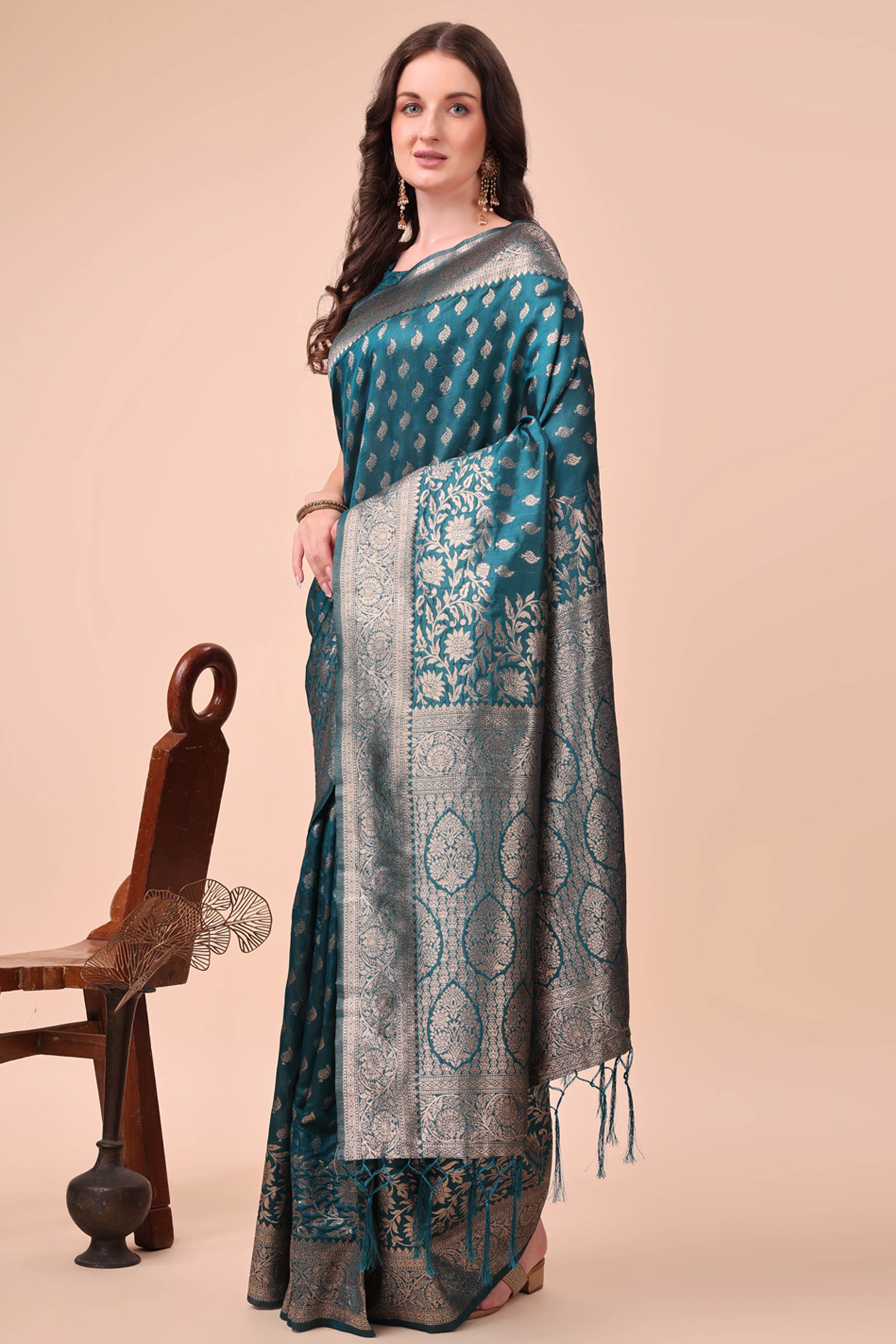 Teal Saree In Lichi Silk Blend With Floral Zari Weaving & Delicate Tassel Border