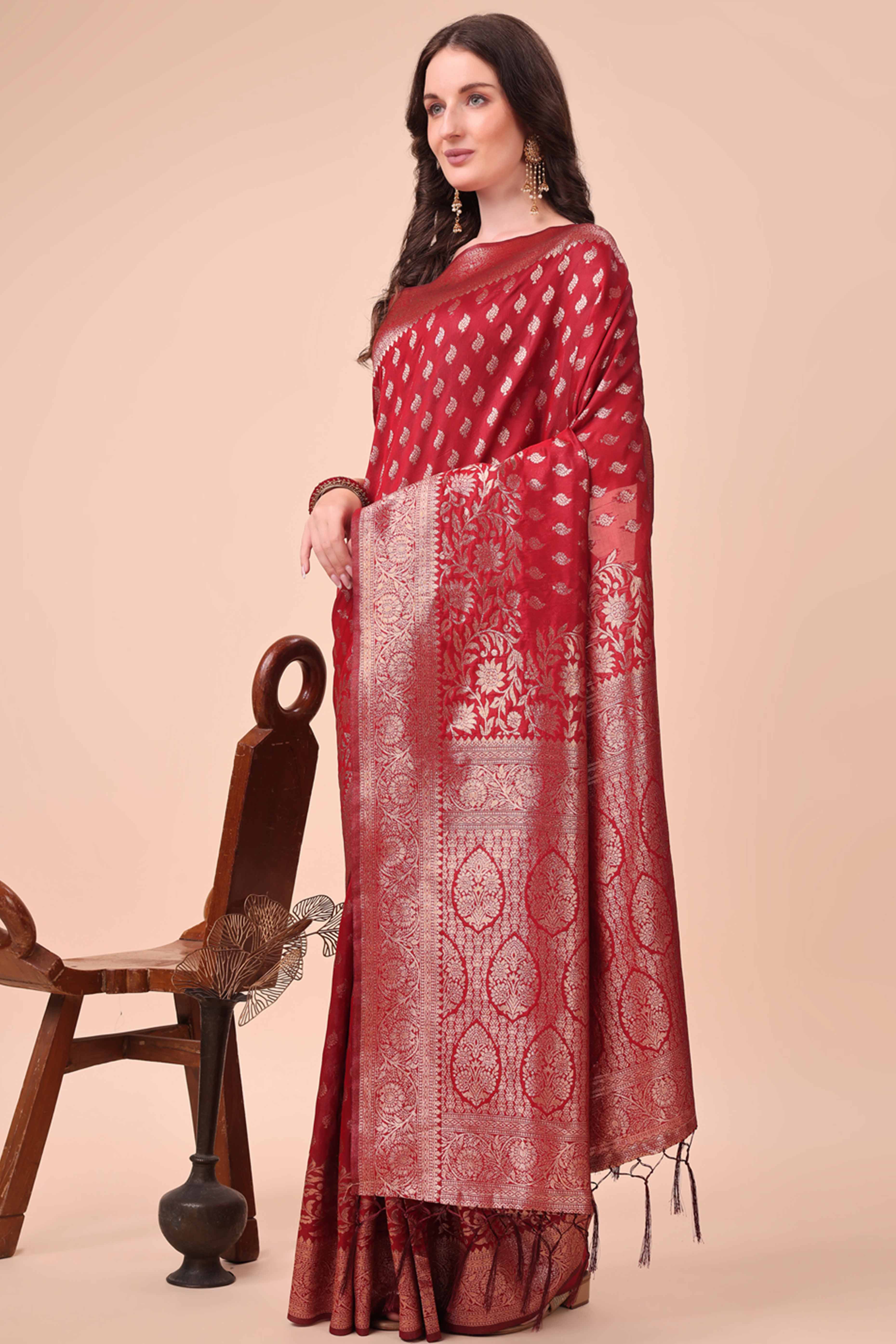 Red Saree In Lichi Silk Blend With Floral Zari Weaving & Delicate Tassel Border