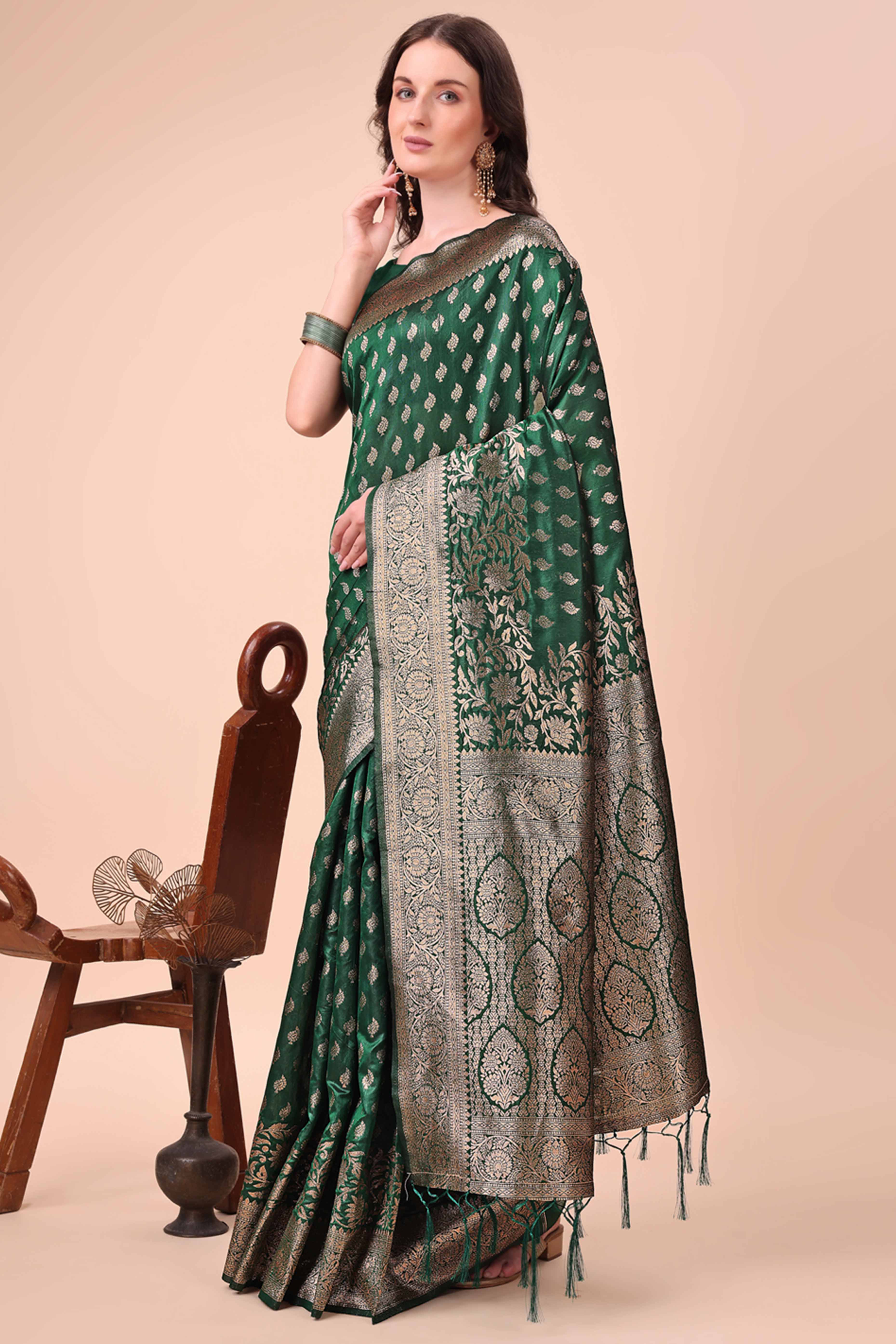 Green Saree In Lichi Silk Blend With Floral Zari Weaving & Delicate Tassel Border