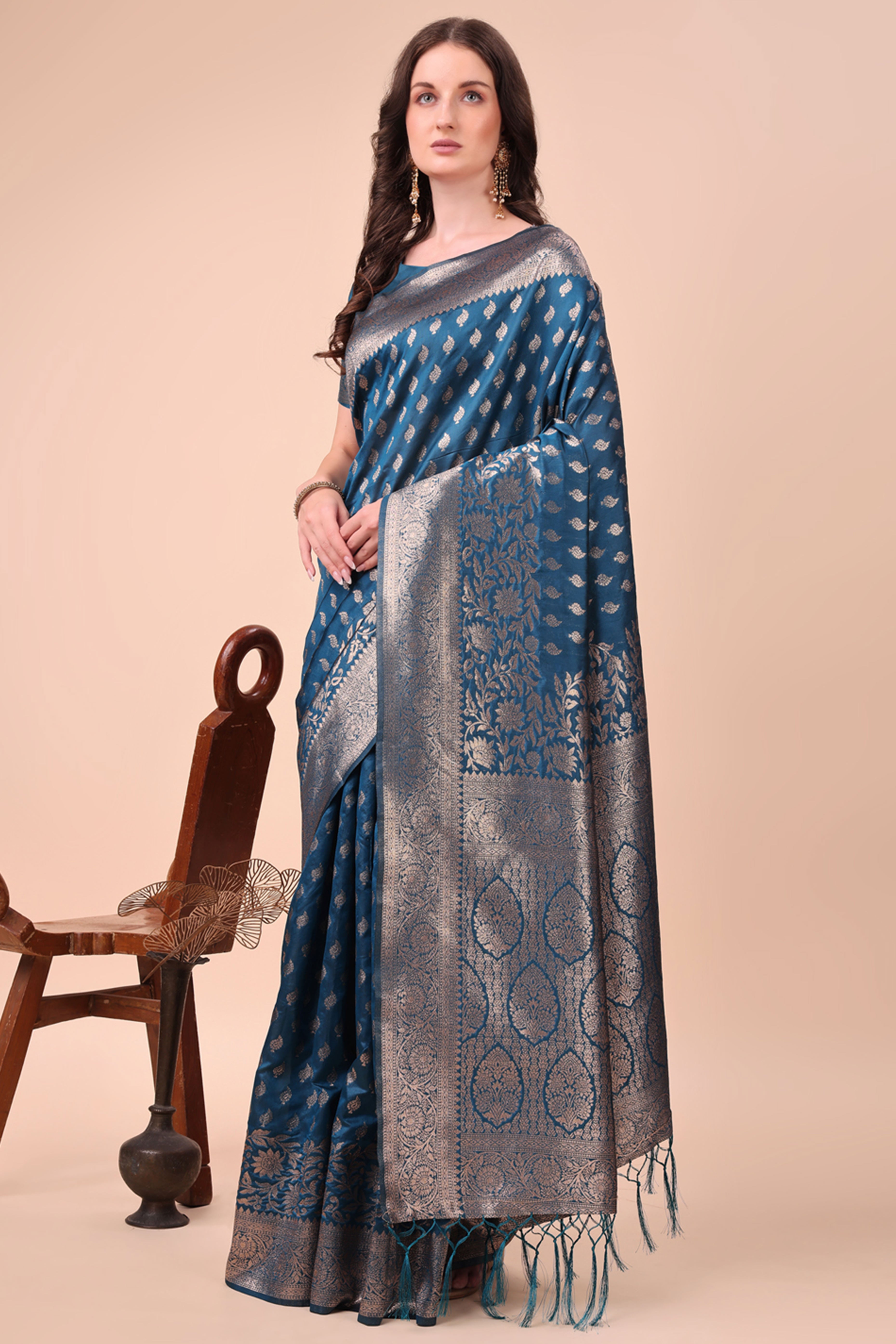 Morpich Blue Saree In Lichi Silk Blend With Floral Zari Weaving & Delicate Tassel Border