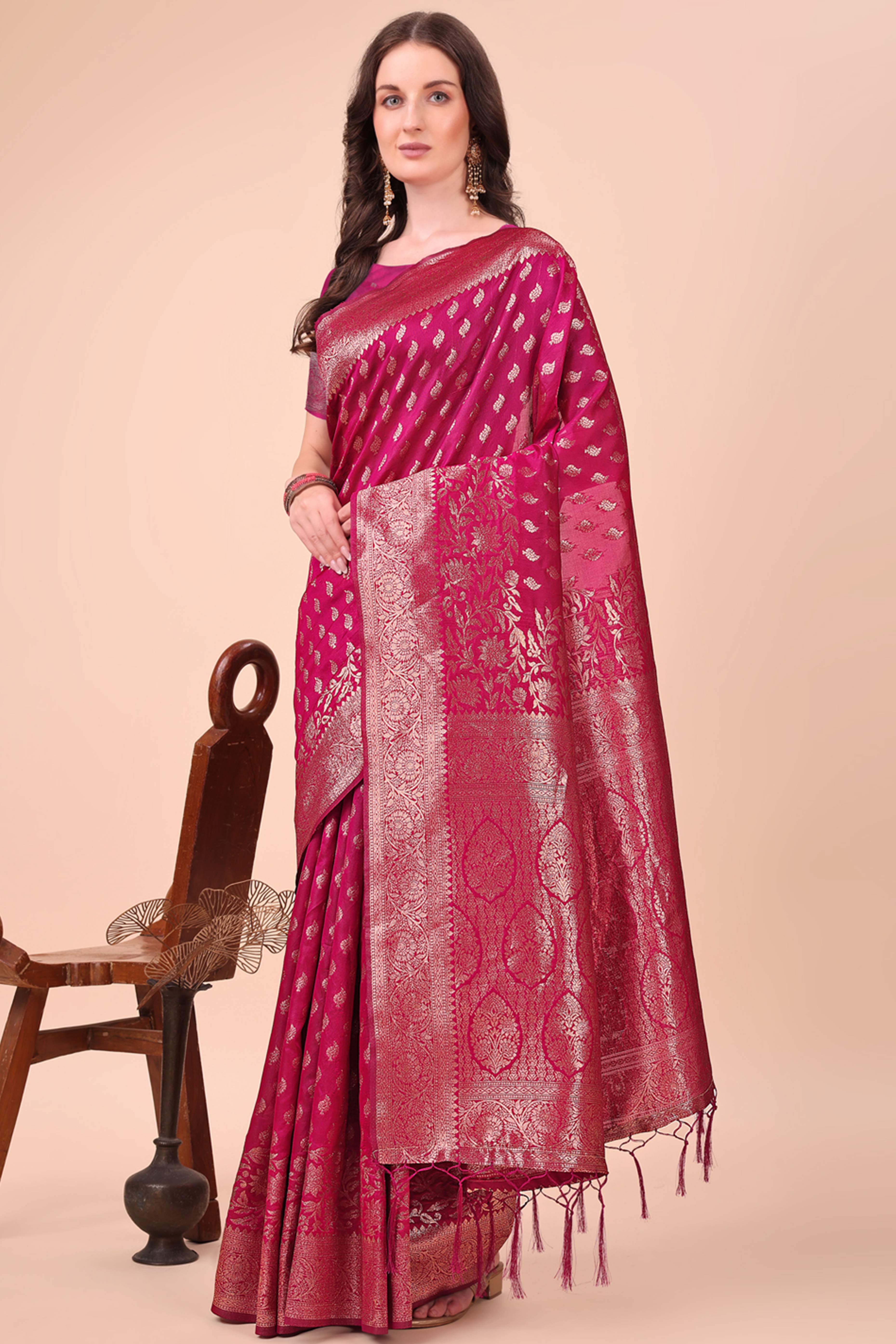 Magenta Saree In Lichi Silk Blend With Floral Zari Weaving & Delicate Tassel Border