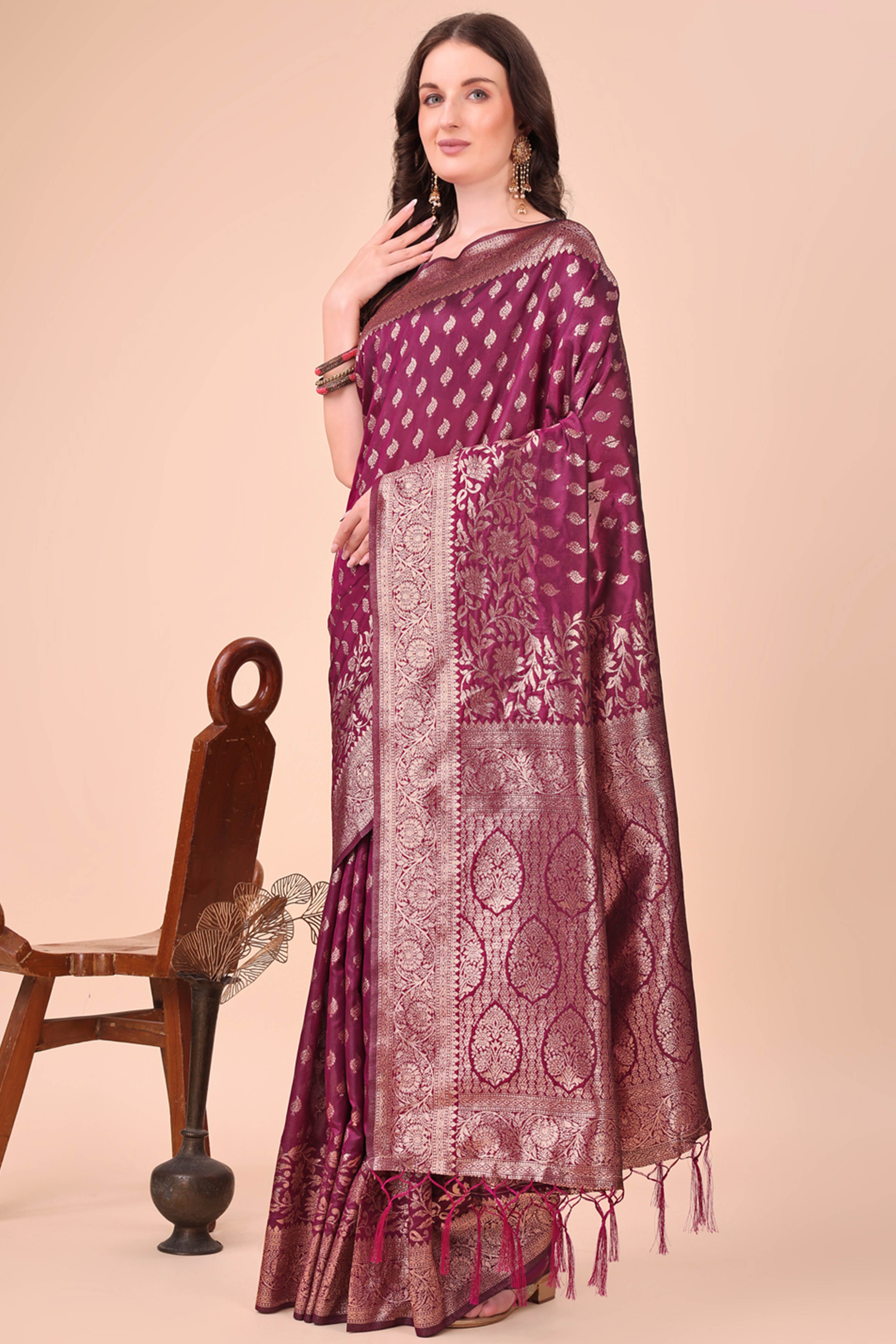Wine Saree In Lichi Silk Blend With Floral Zari Weaving & Delicate Tassel Border