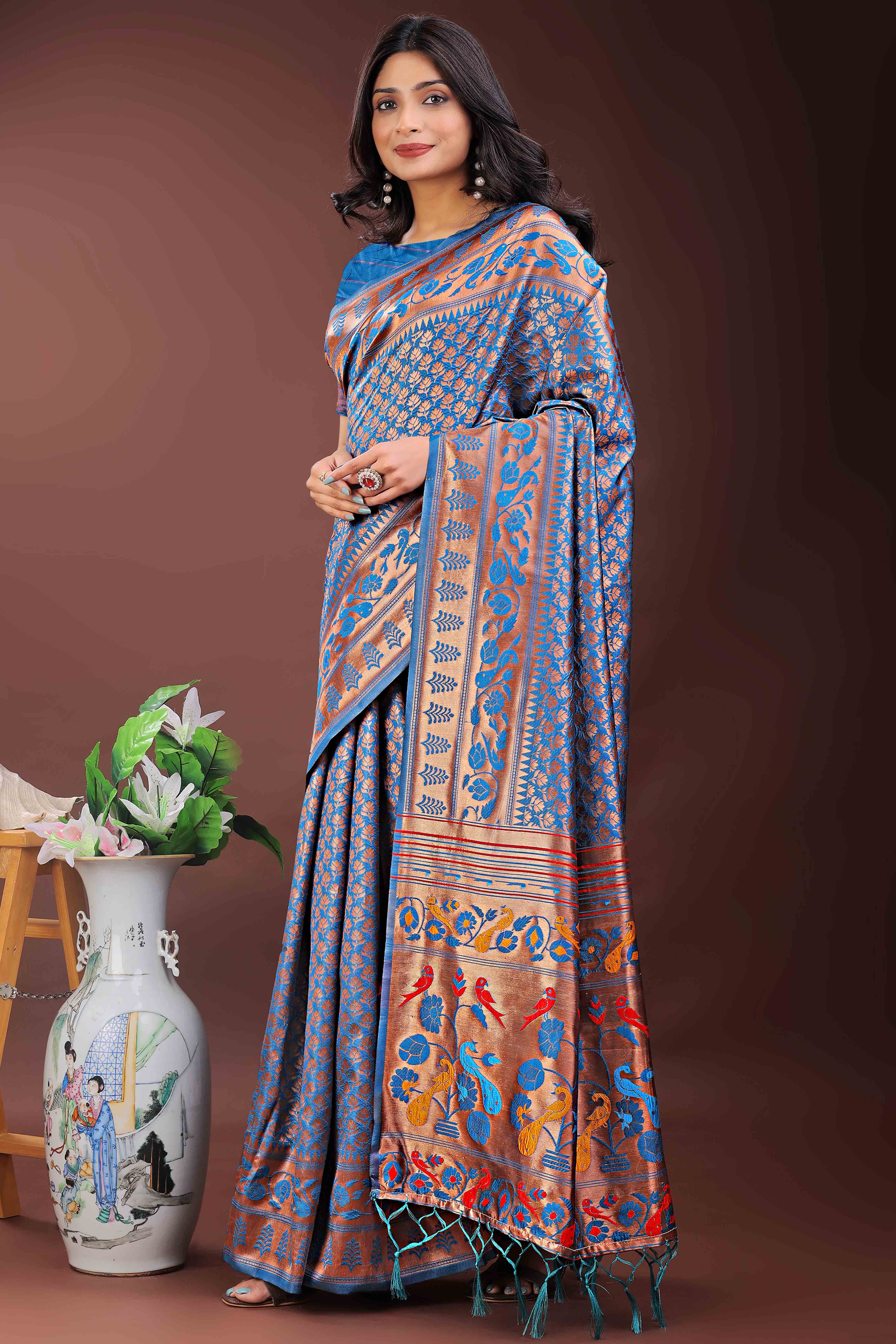 Blue Silk Banarasi Saree with Stunning Zari Woven Brocade Patterns