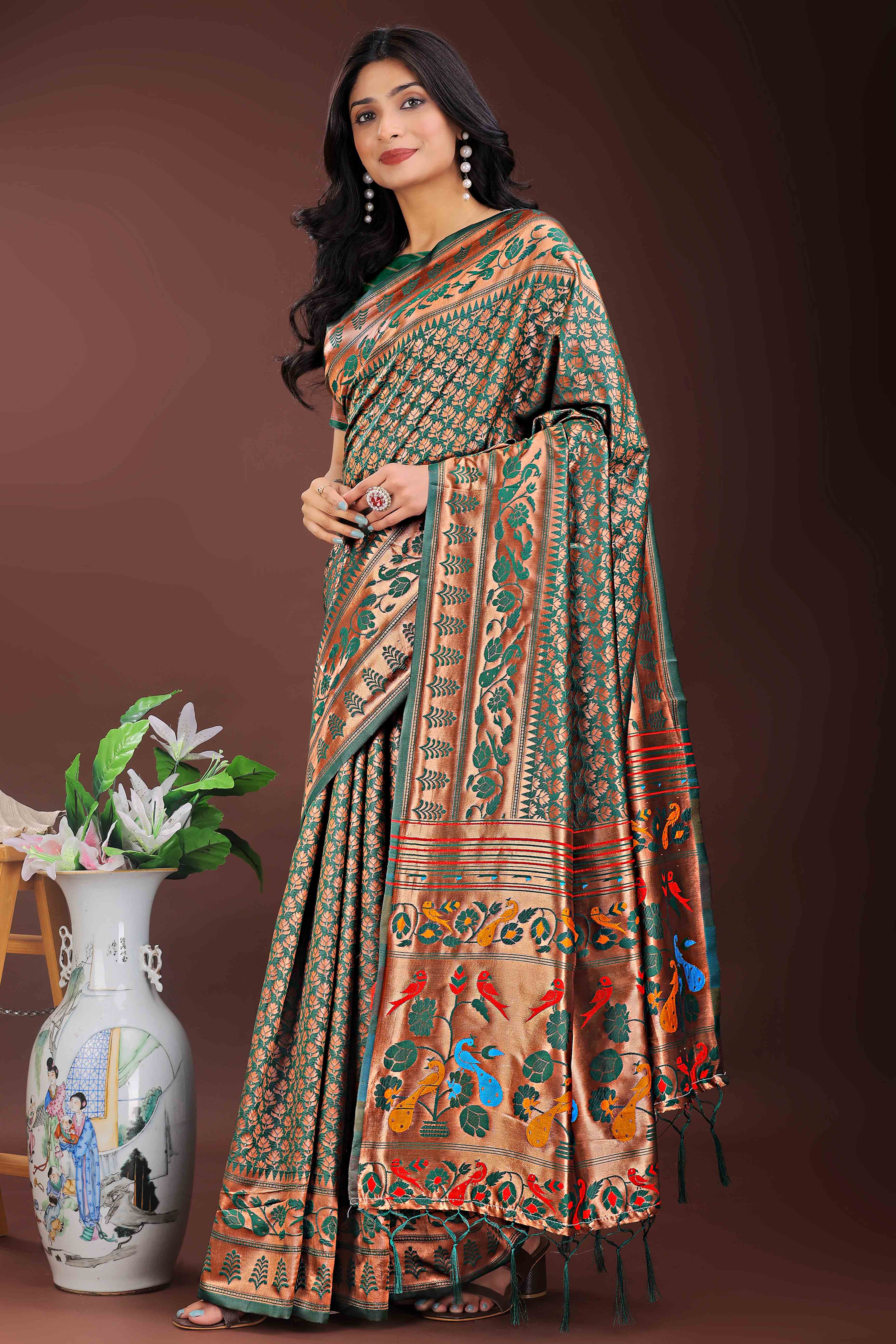 Green Silk Banarasi Saree with Stunning Zari Woven Brocade Patterns